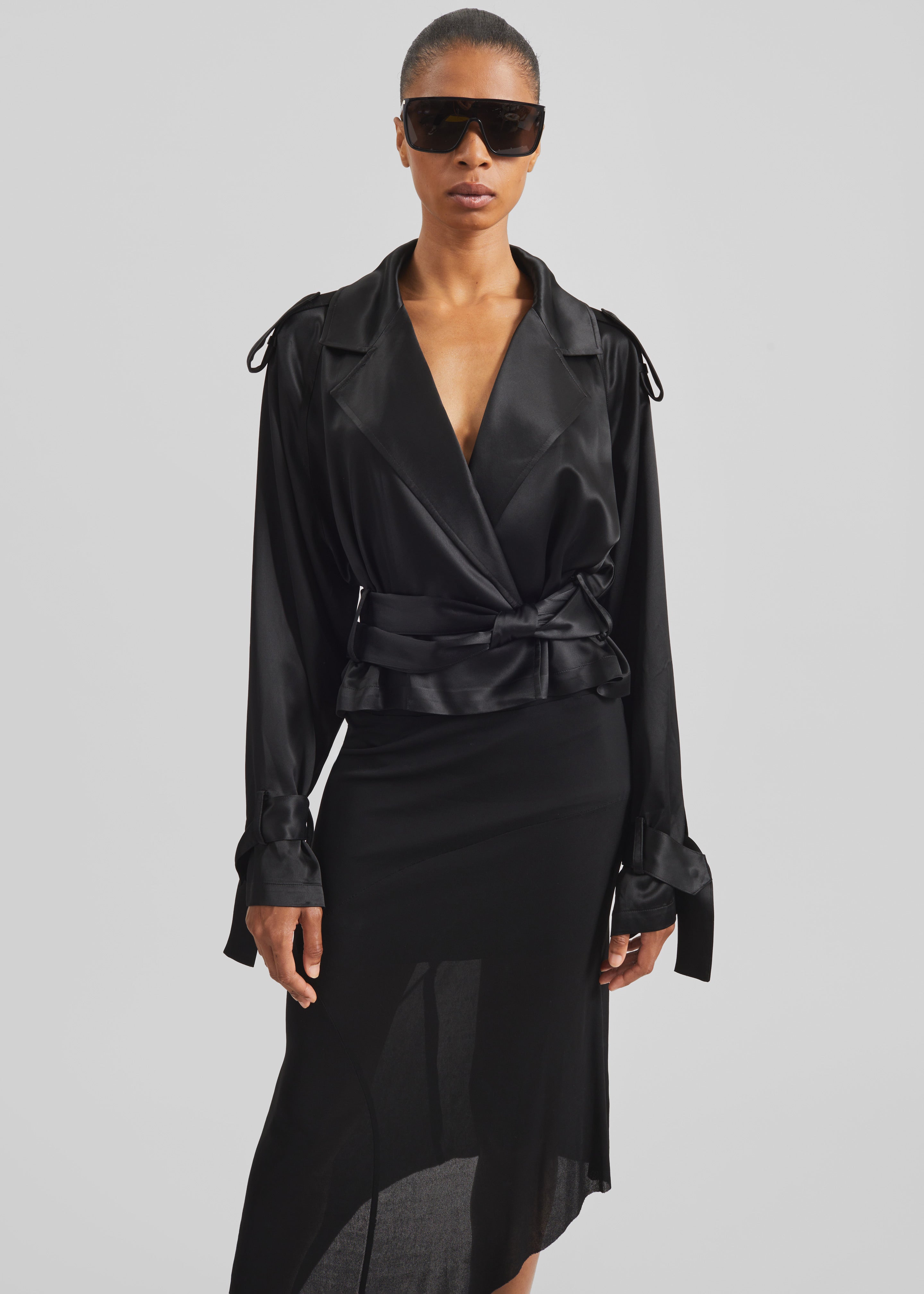 Simona Satin Short Trench - Black - 1