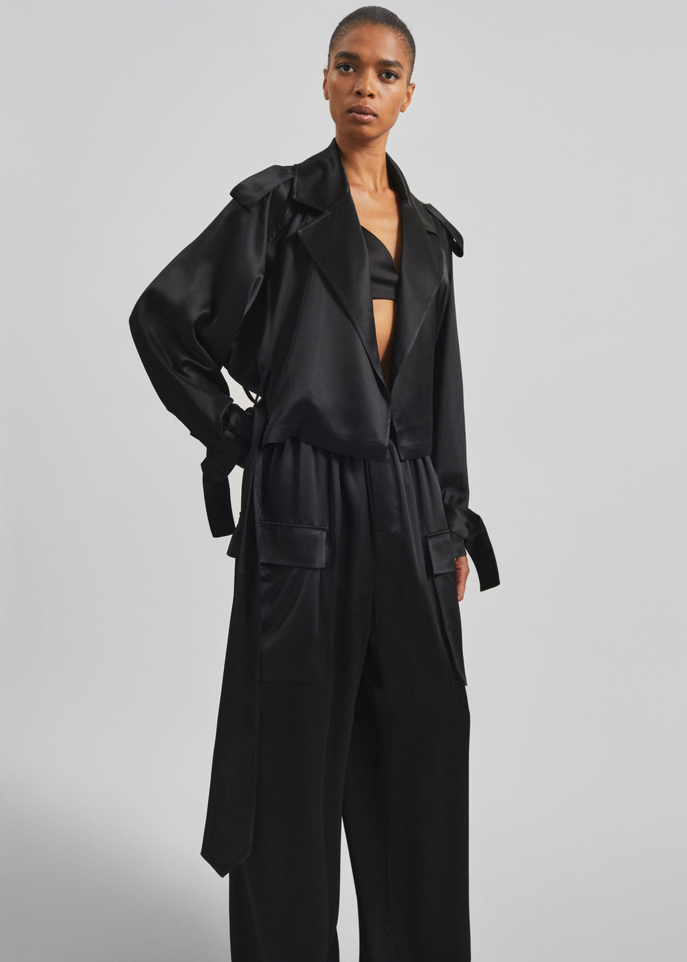 Simona Satin Short Trench - Black - 1