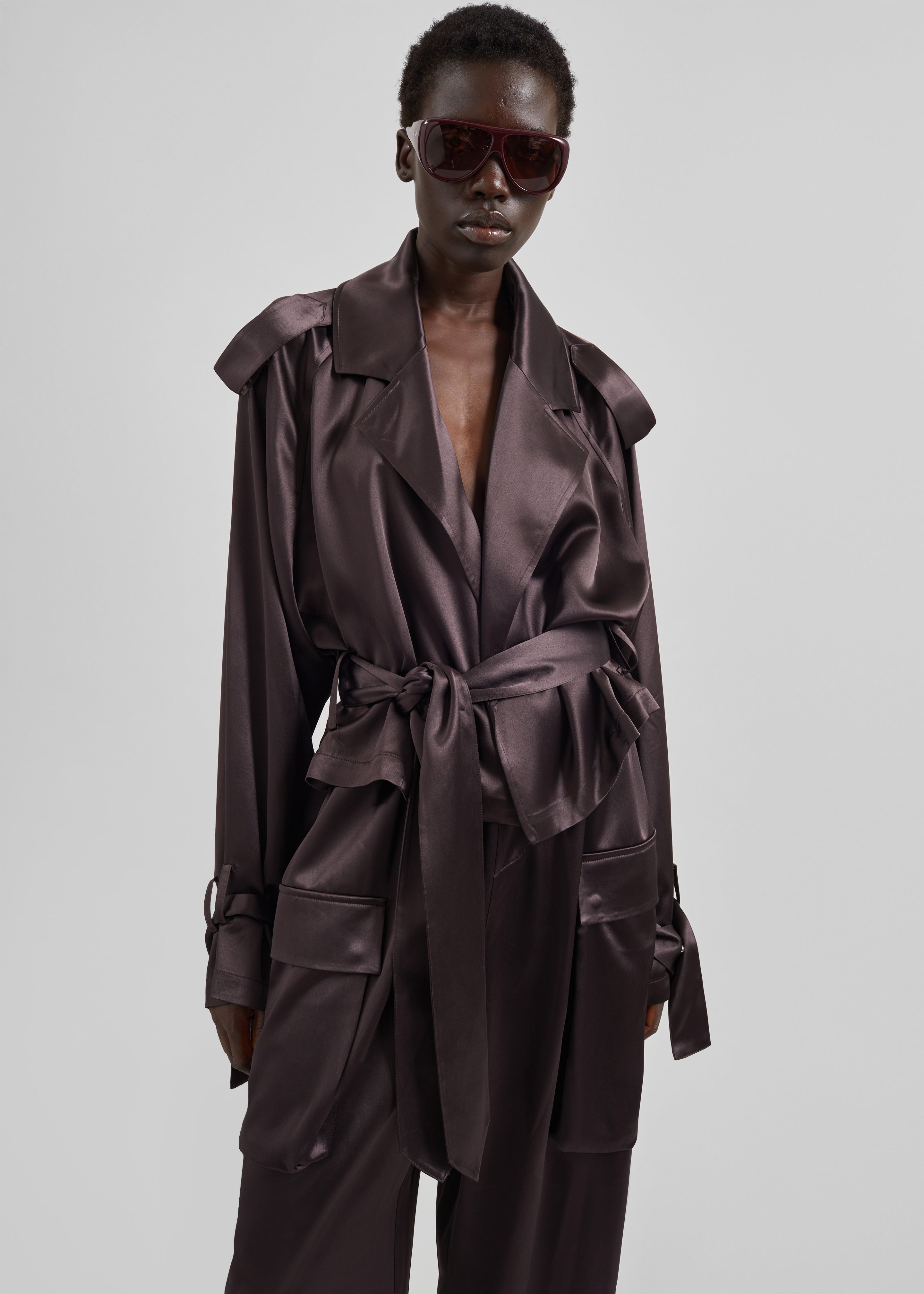 Simona Satin Short Trench - Dark Brown - 2