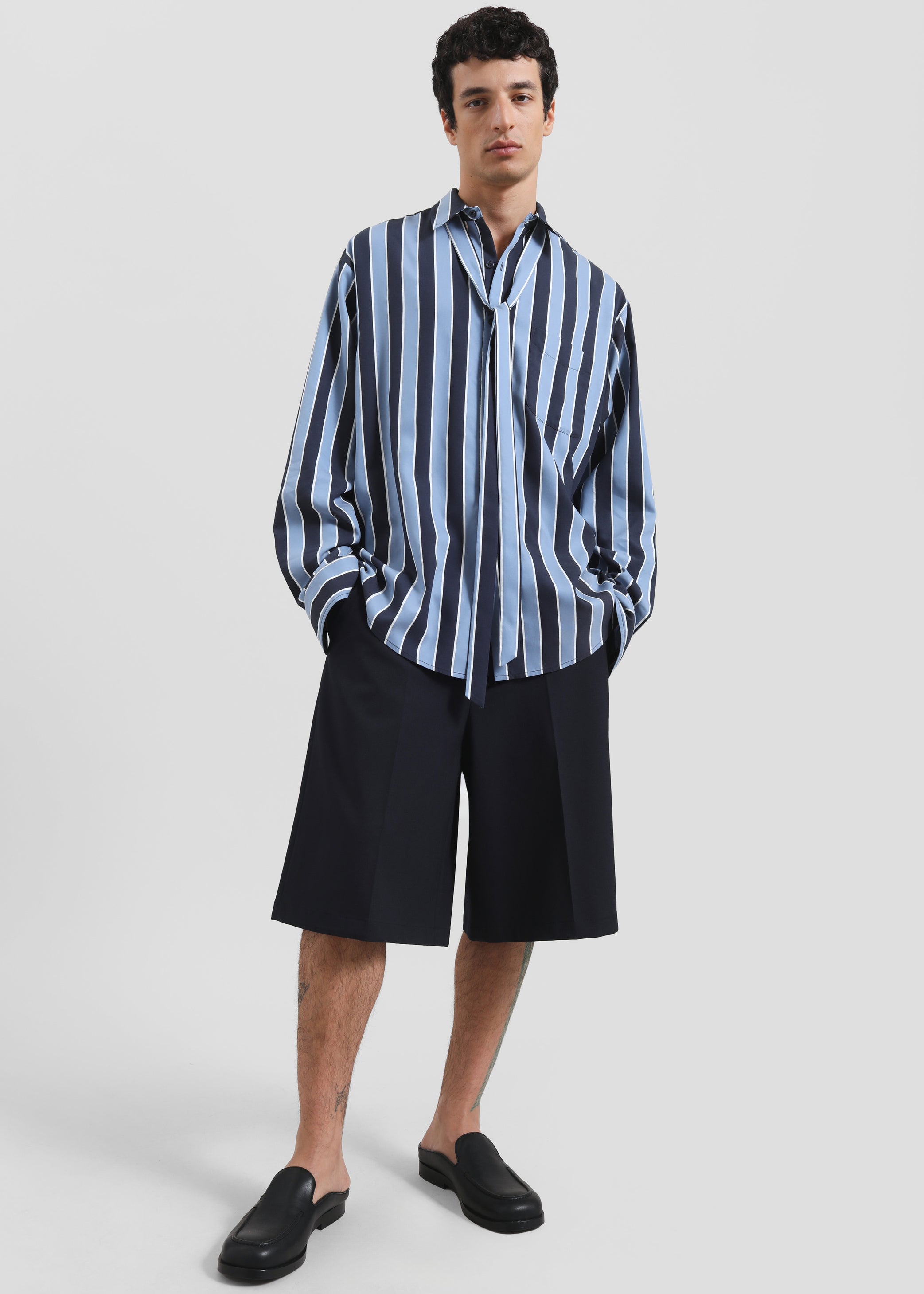 Shop the look image for Sinclair Neck Tie Shirt - Navy Stripe