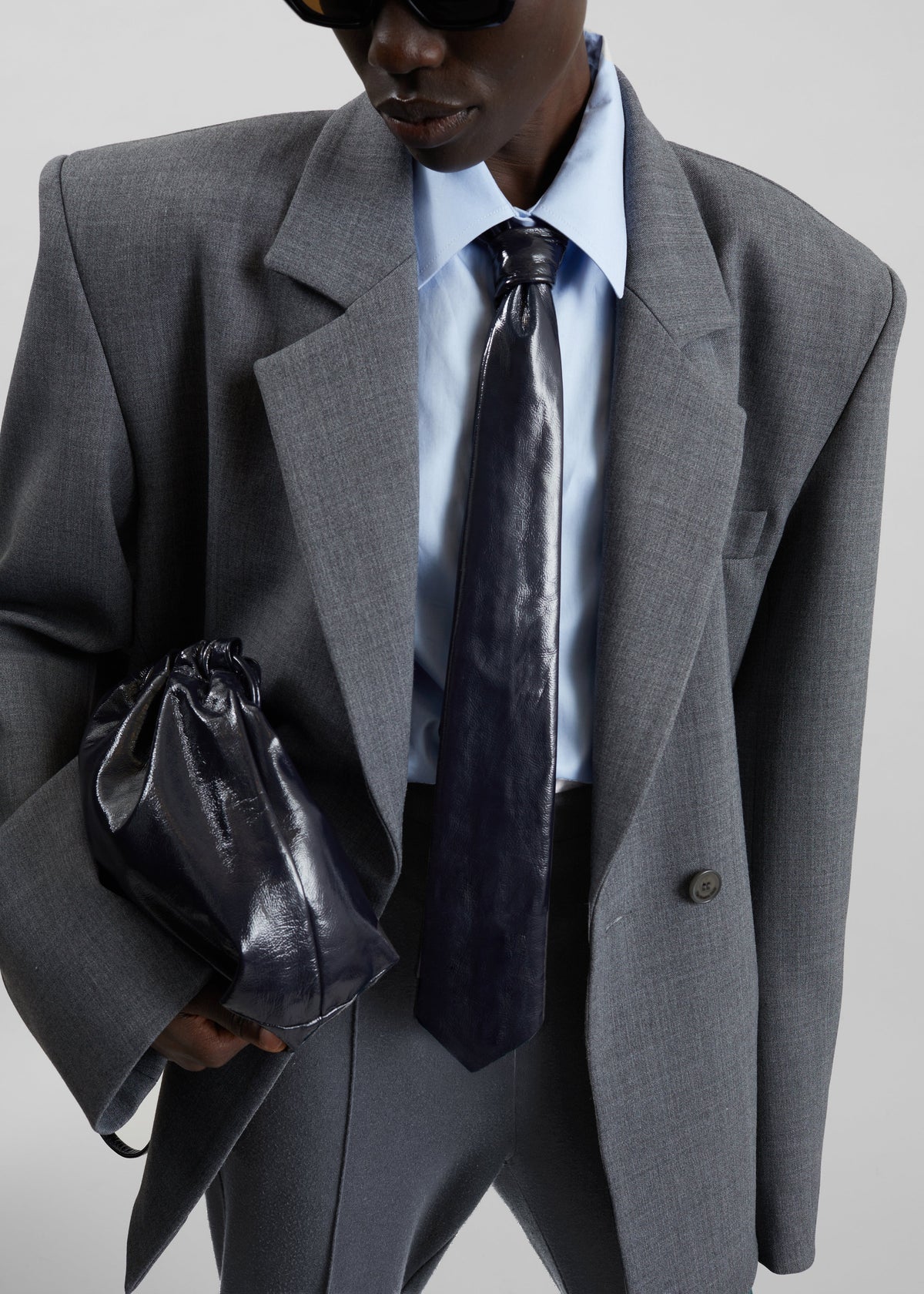 Sira Faux Leather Crackled Tie - Navy