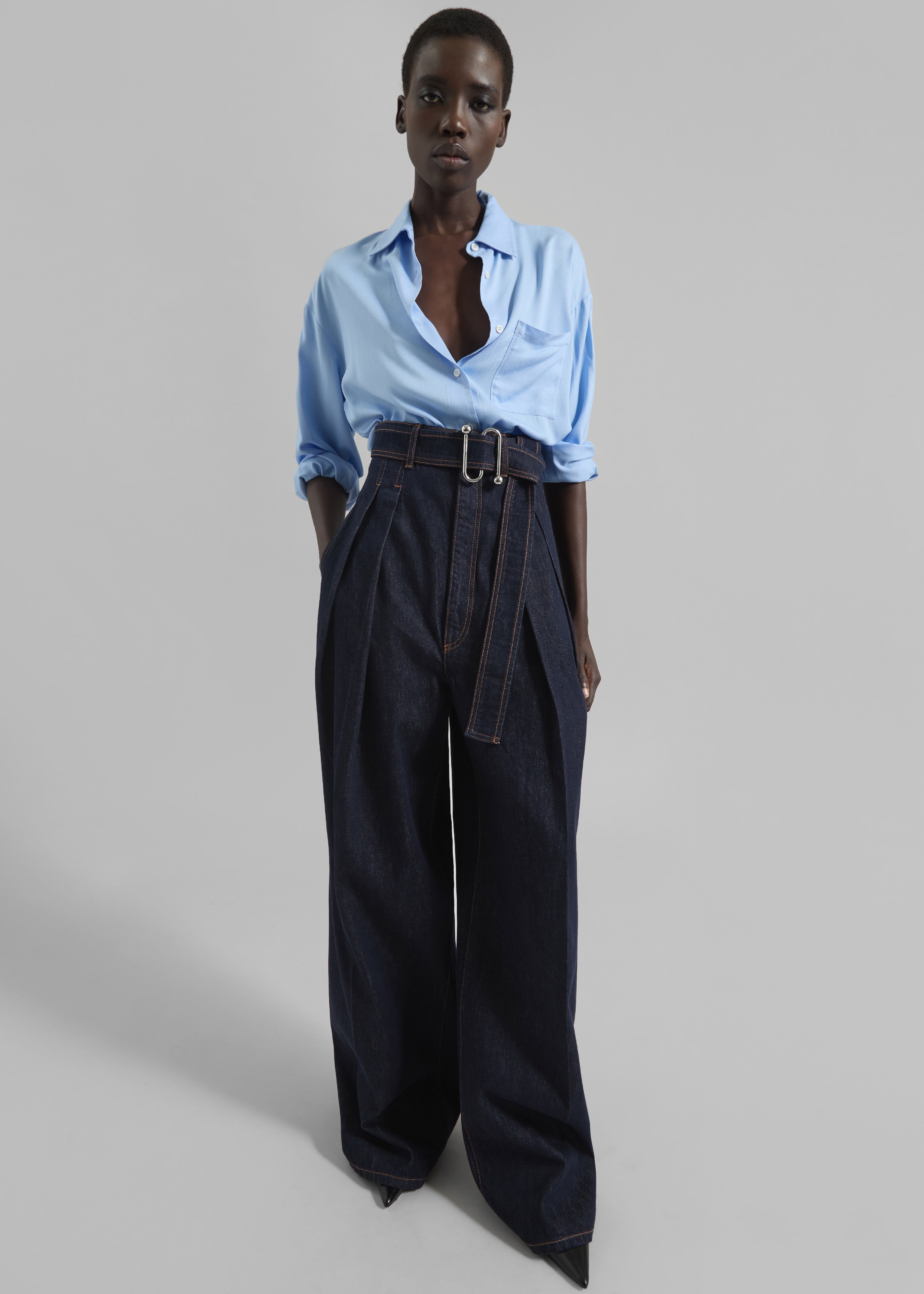 Sportmax Blanc High-Waisted Wide-Leg Trousers - Navy - 3