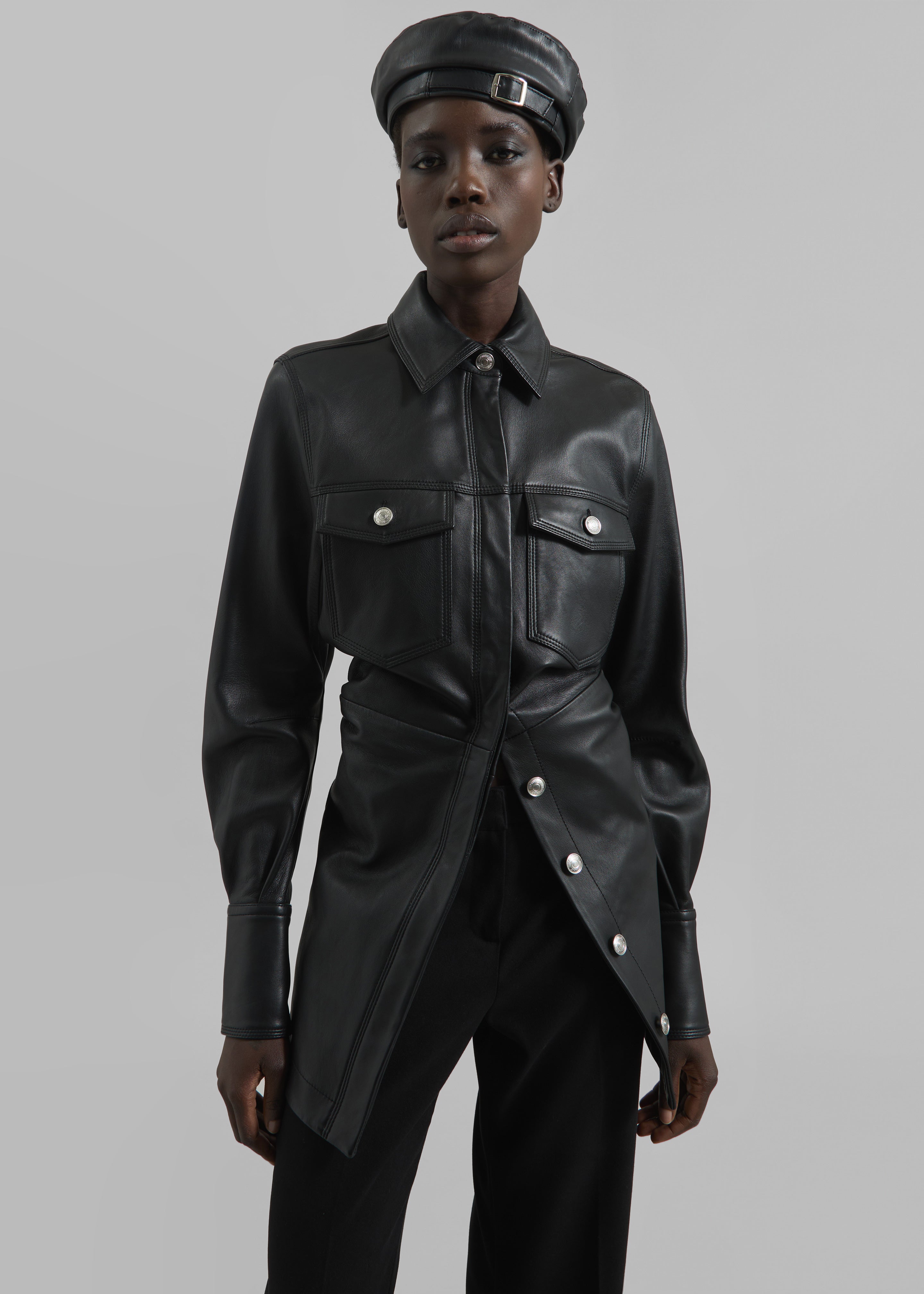 Sportmax Tobia Leather Long Shirt Jacket - Black - 4