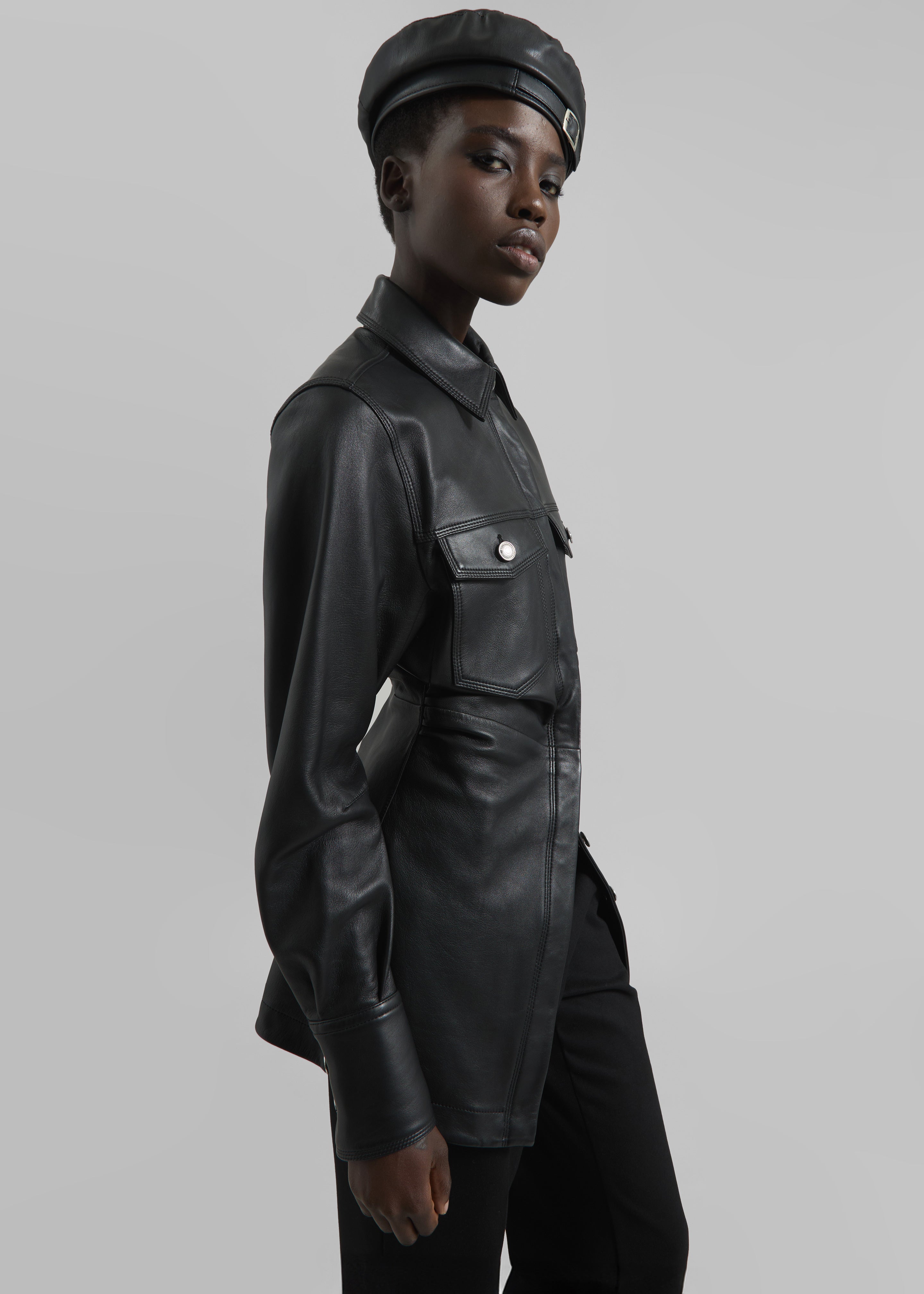 Sportmax Tobia Leather Long Shirt Jacket - Black - 3