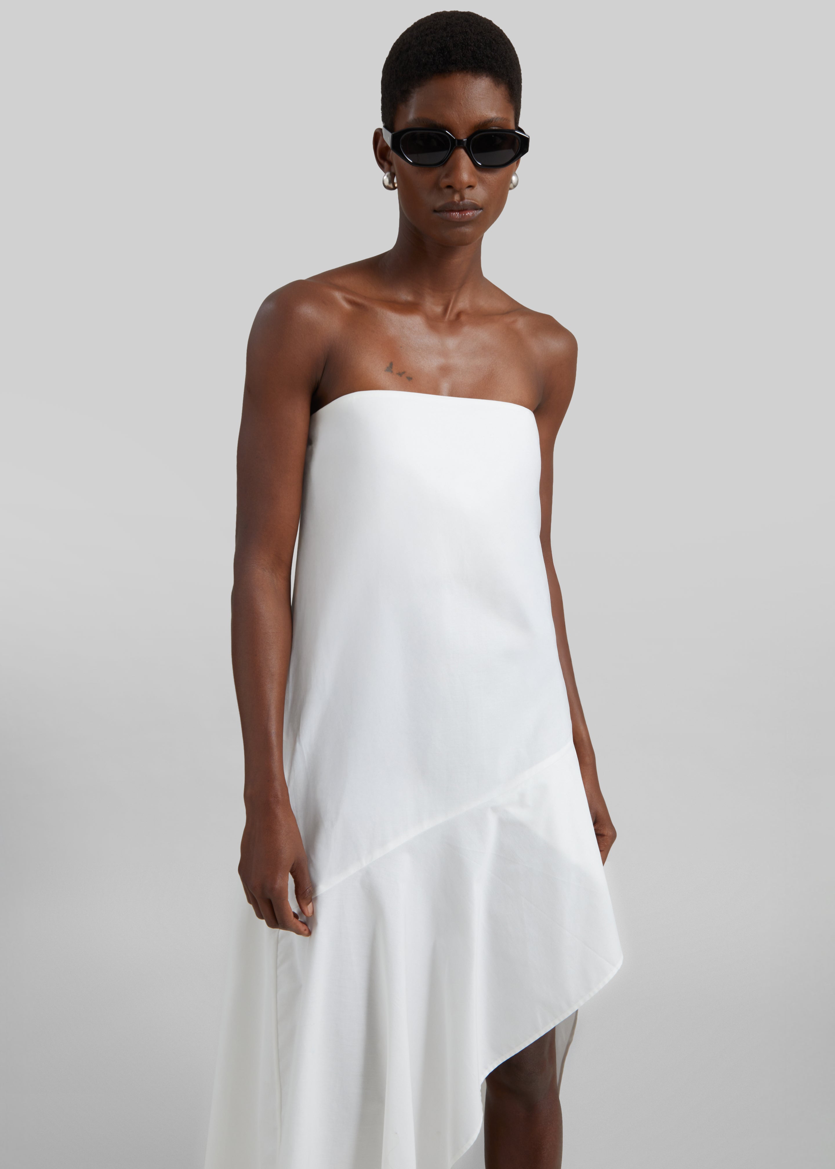 St. Agni Oxford Strapless Asymm Dress - White - 4