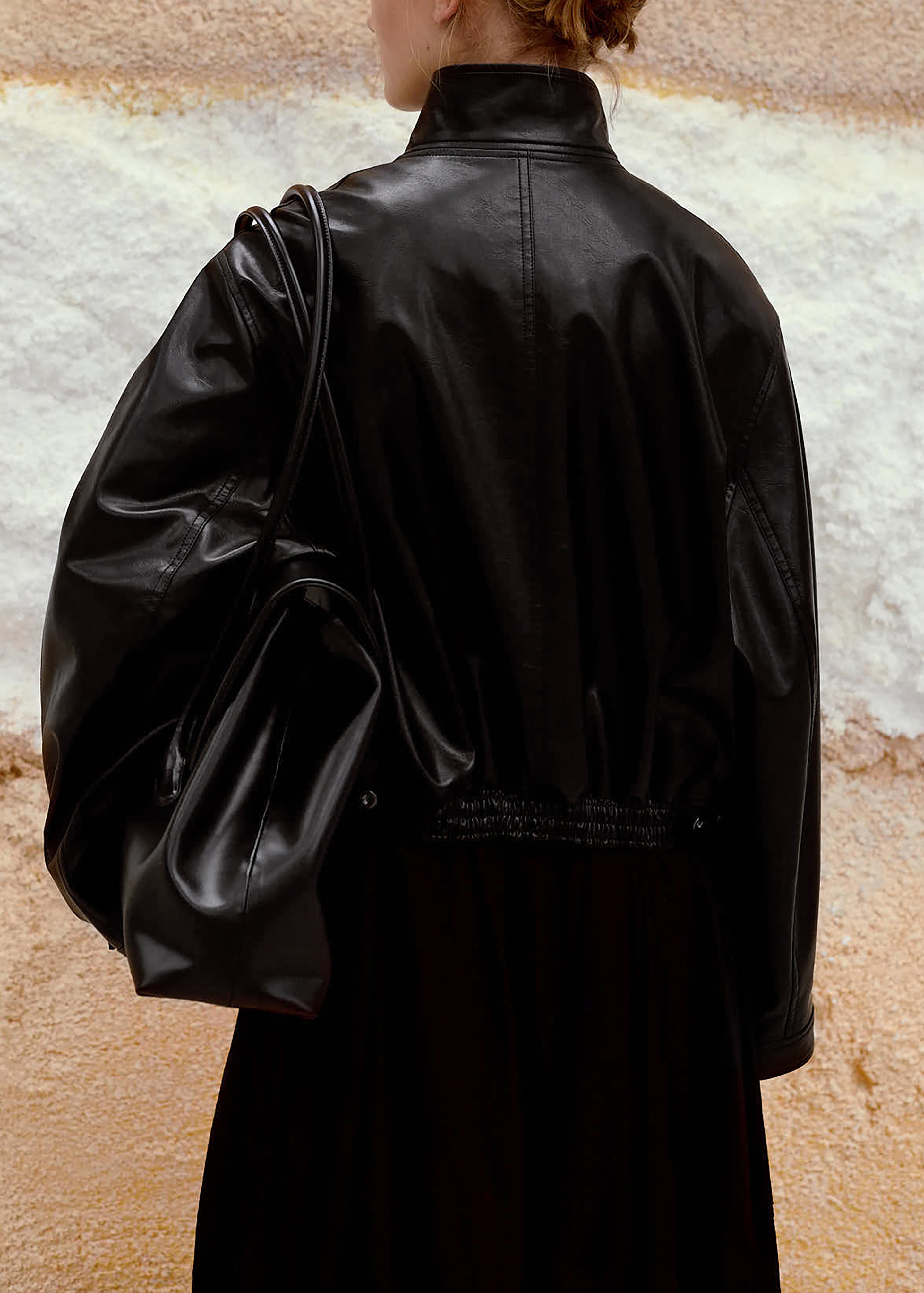 Low Classic Stand Collar Artificial Leather Jumper - Black - 7