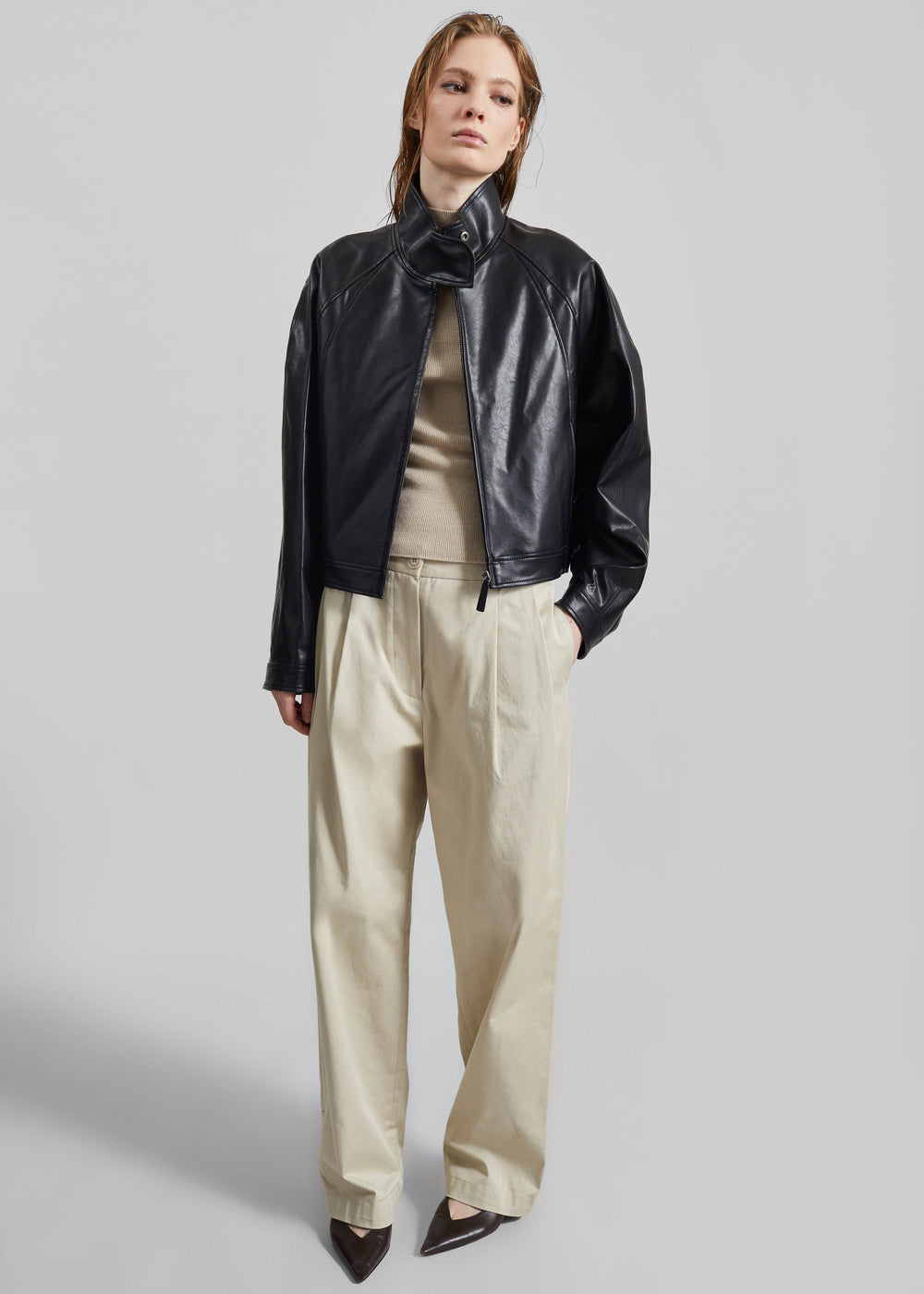 Low Classic Stand Collar Artificial Leather Jumper - Black - 1