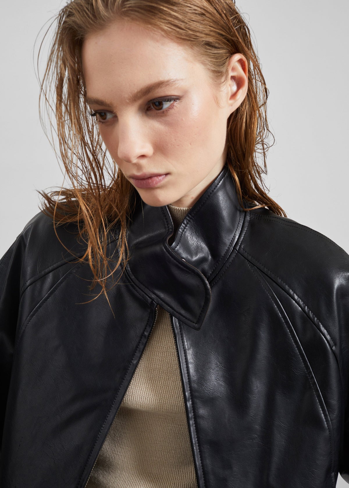 Low Classic Stand Collar Artificial Leather Jumper - Black - 4