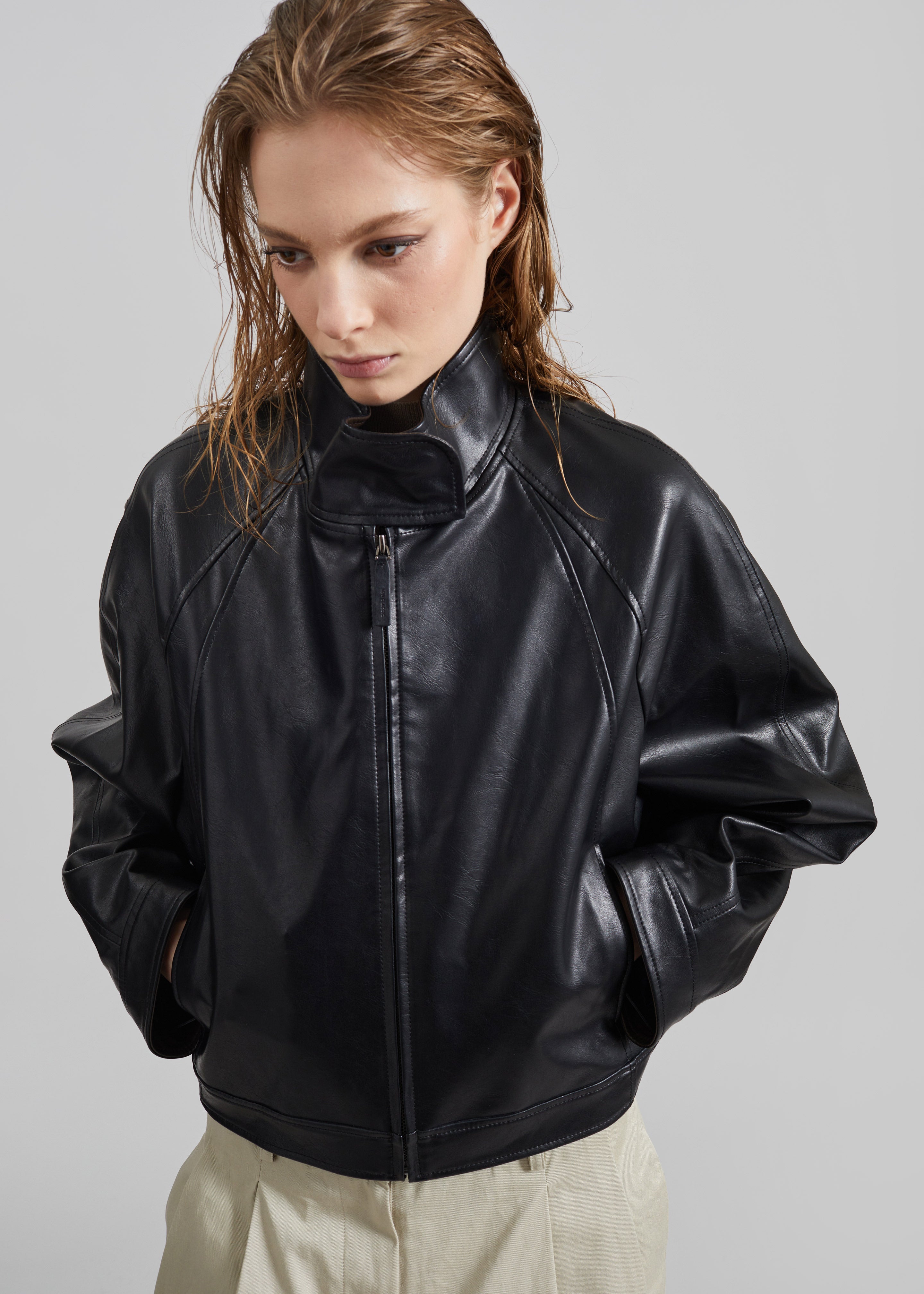 Low Classic Stand Collar Artificial Leather Jumper - Black - 5