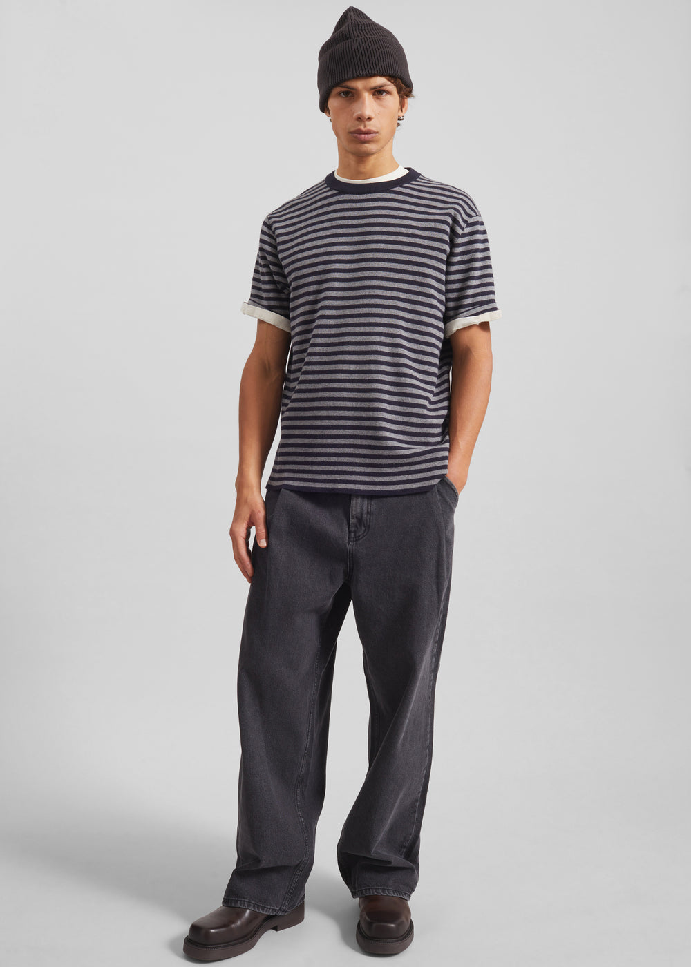 Stanmore Knit T-Shirt - Grey/Blue Stripe - 1