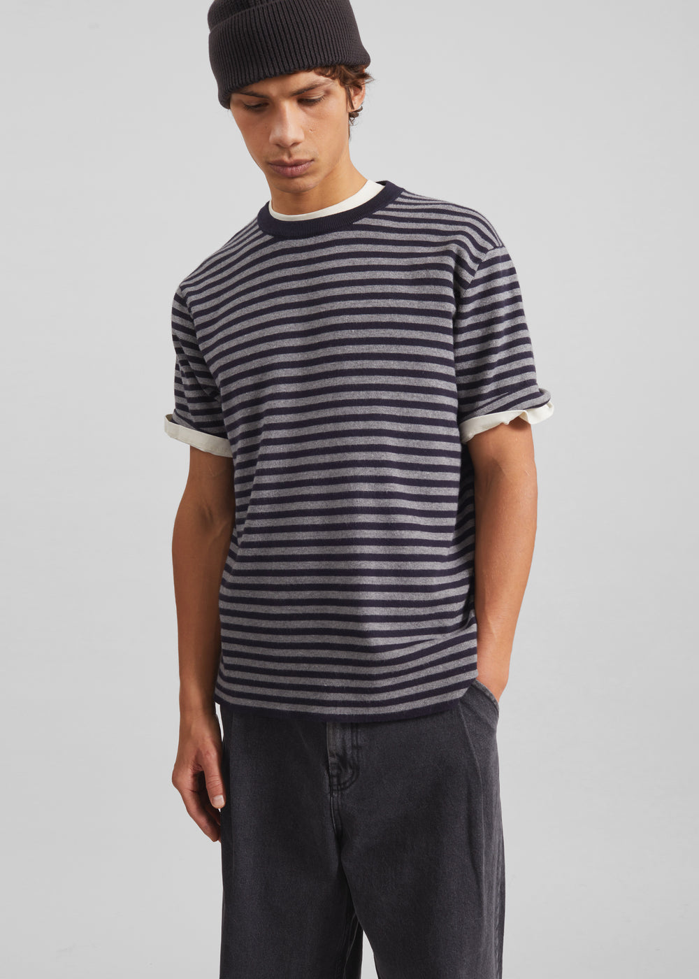 Stanmore Knit T-Shirt - Grey/Blue Stripe