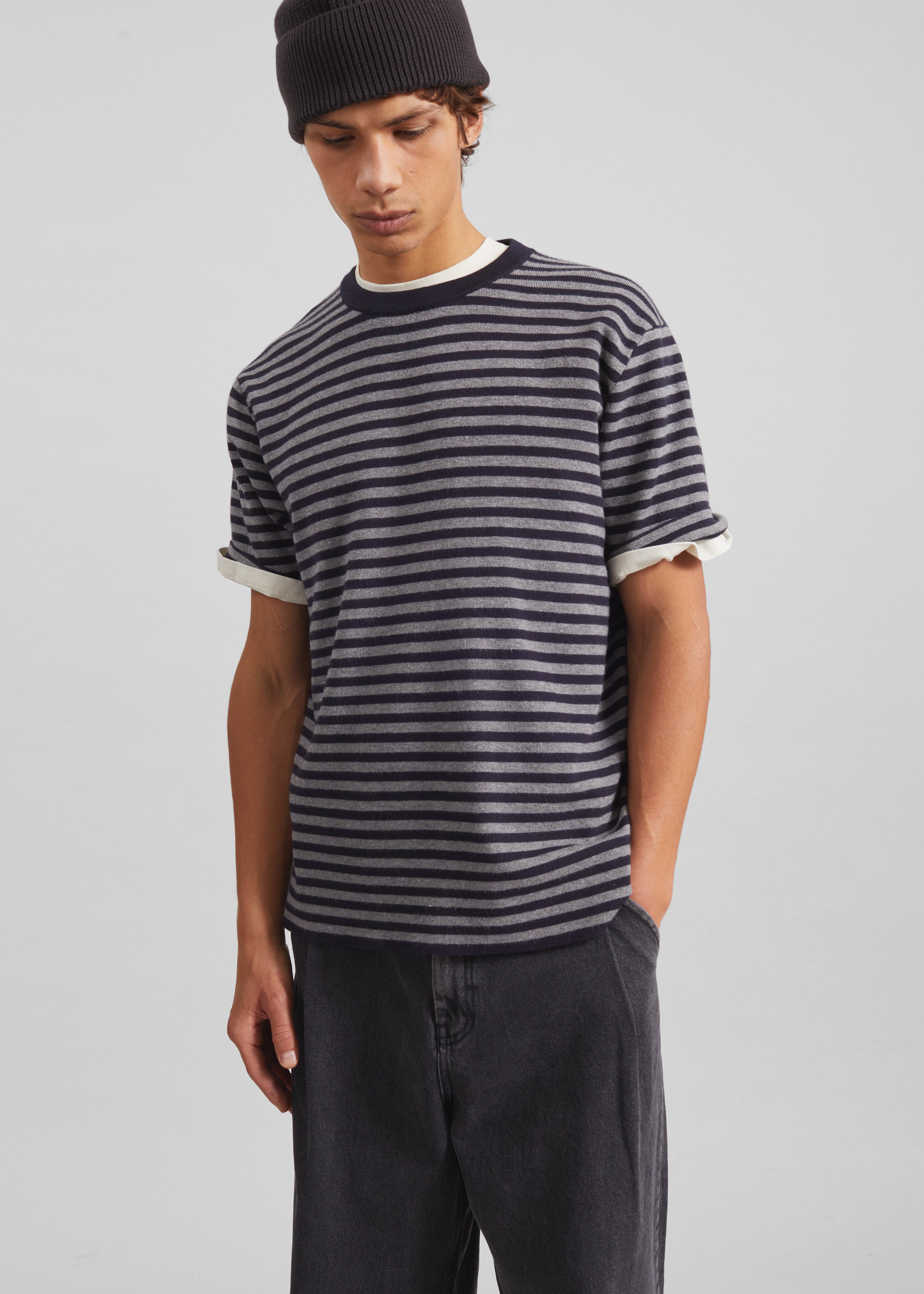 Stanmore Knit T-Shirt - Grey/Blue Stripe - 1