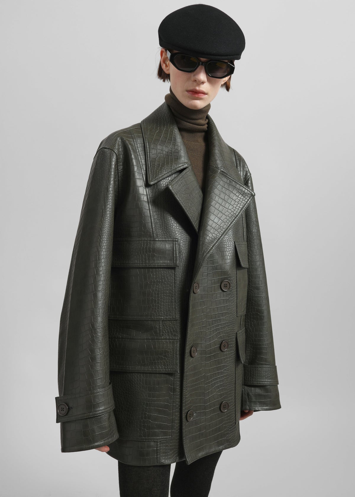 Stanton Faux Leather Croc Jacket - Dark Olive - 4