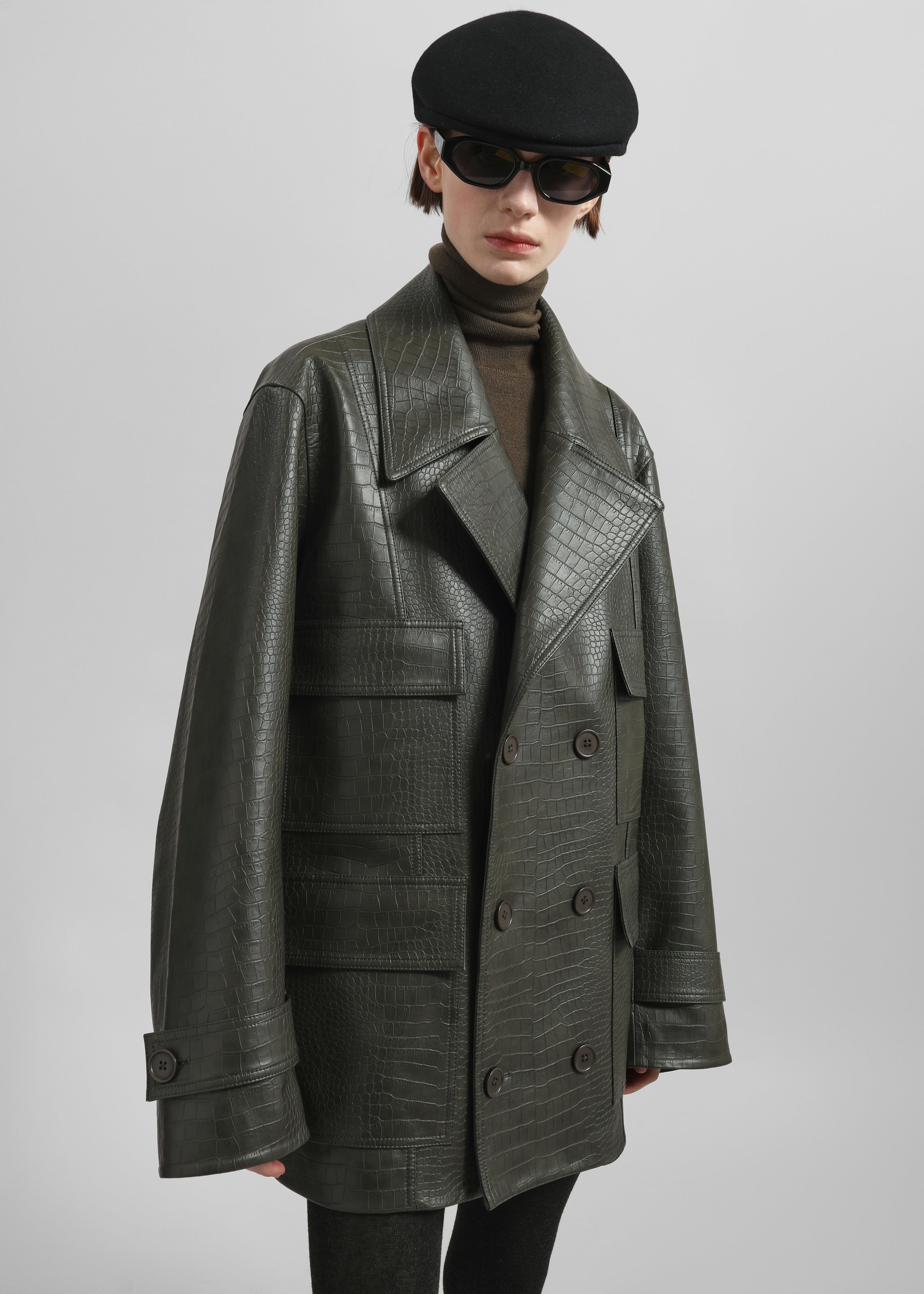 Stanton Faux Leather Croc Jacket - Dark Olive - 4