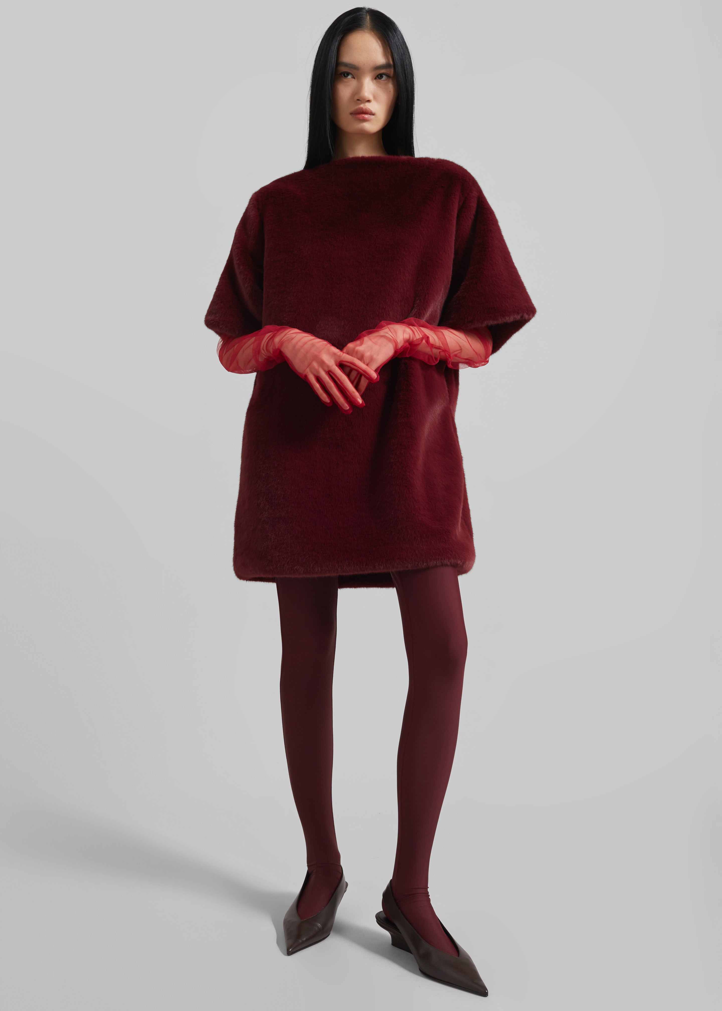 Stauben Faux Fur Mini Dress - Burgundy - 3