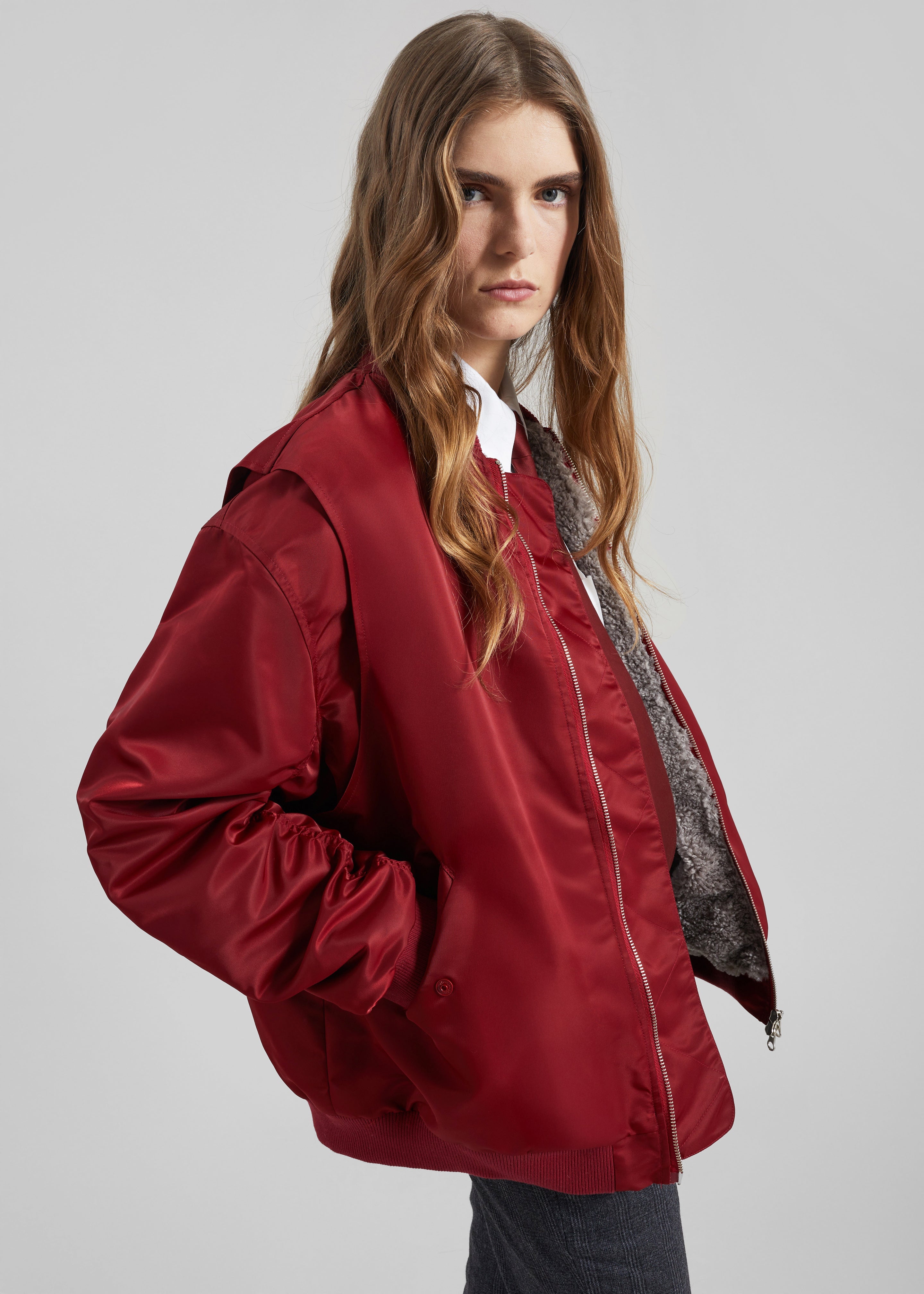 Stellan Faux Shearling Oversized Bomber Jacket - Red - 4