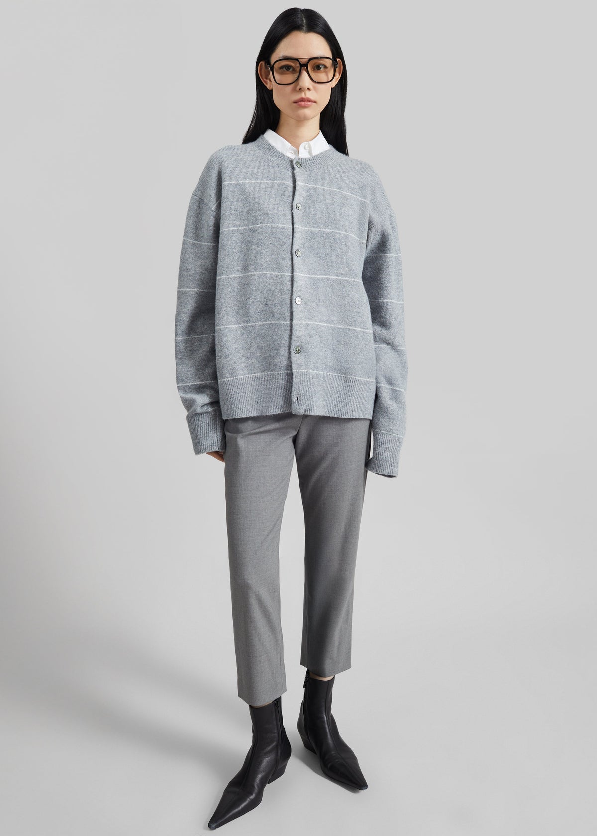 Stenvad Crewneck Cardigan - Grey/White Stripe - 2