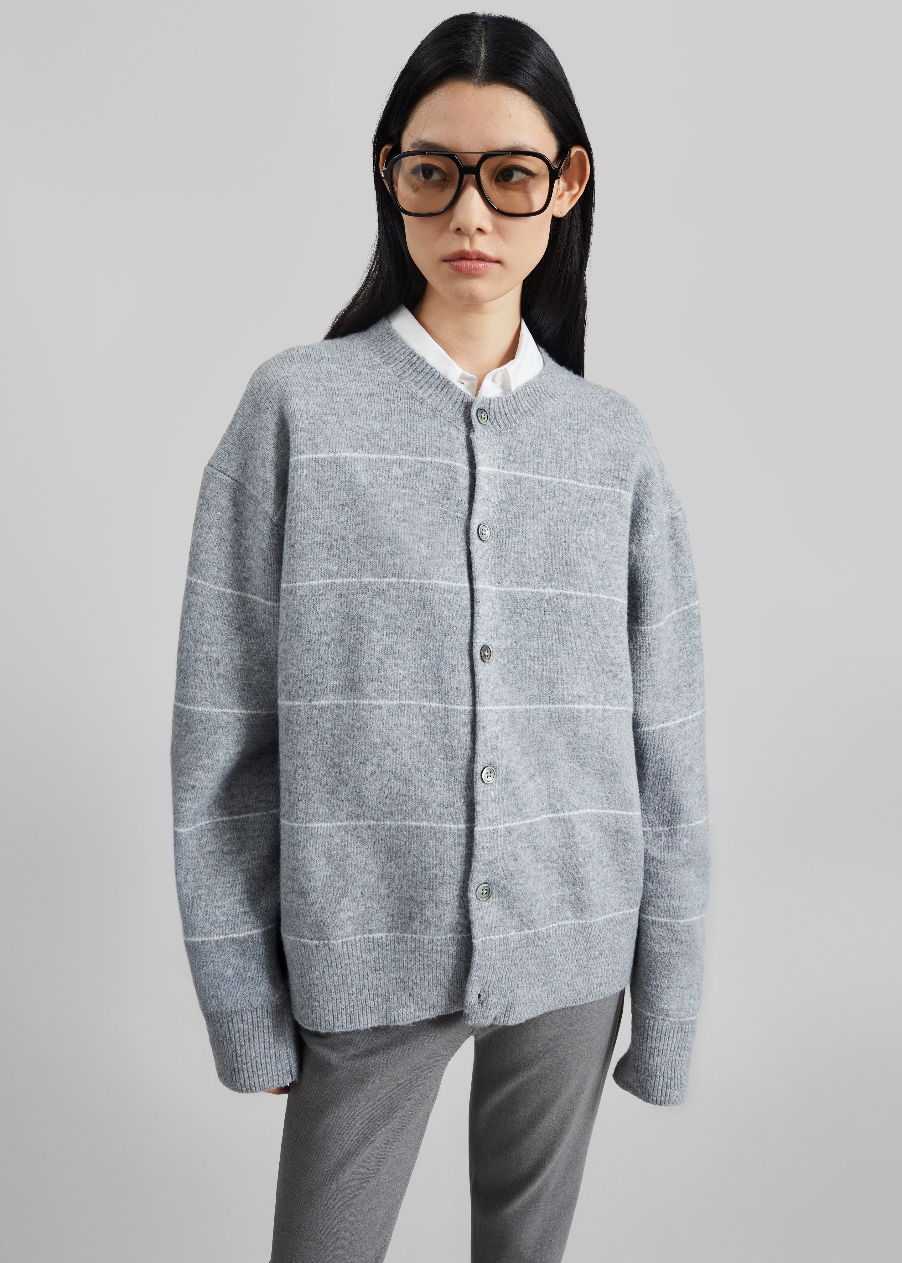 Stenvad Crewneck Cardigan - Grey/White Stripe - 4