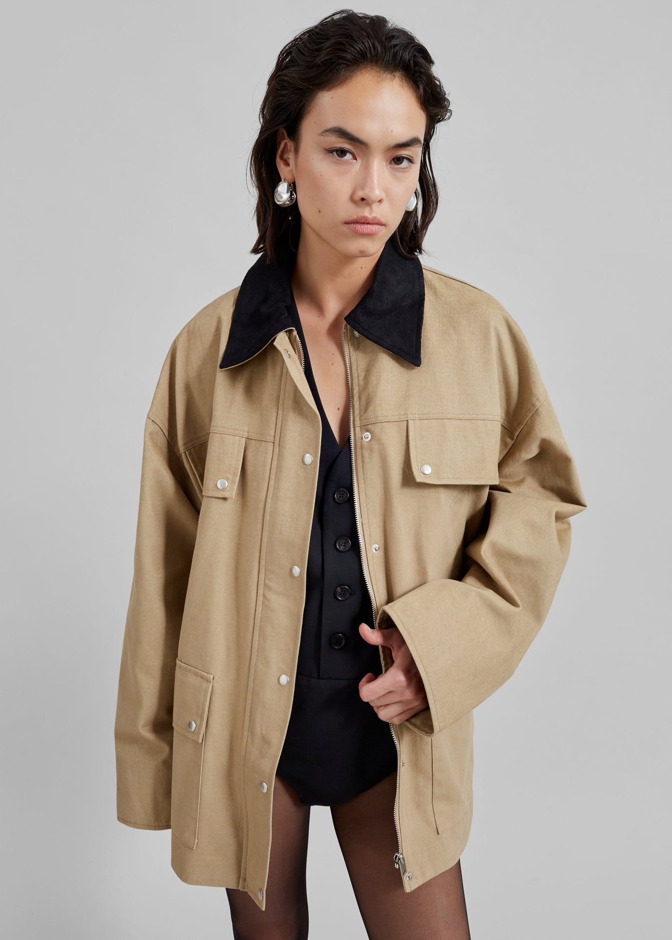 Stevan Contrast Collar Cargo Jacket - Beige - 1