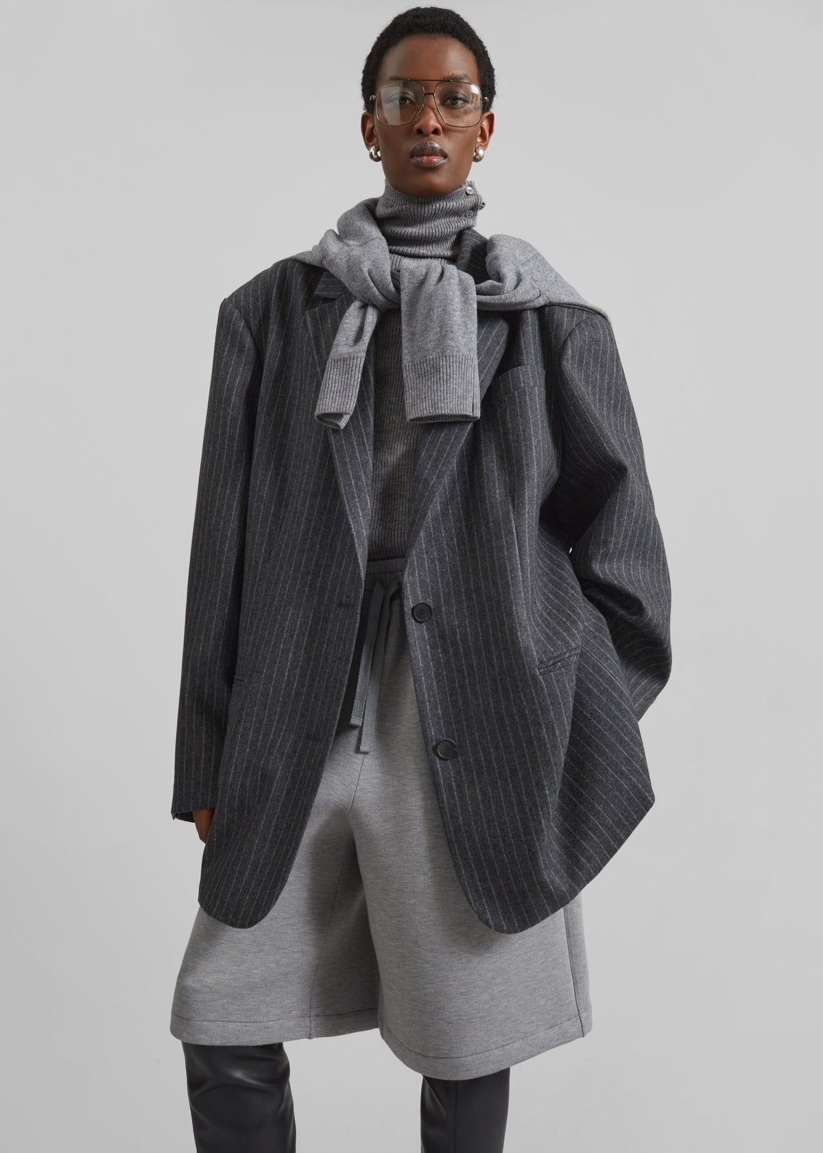 Stora Oversized Wool Blazer - Grey/White Pinstripe - 3