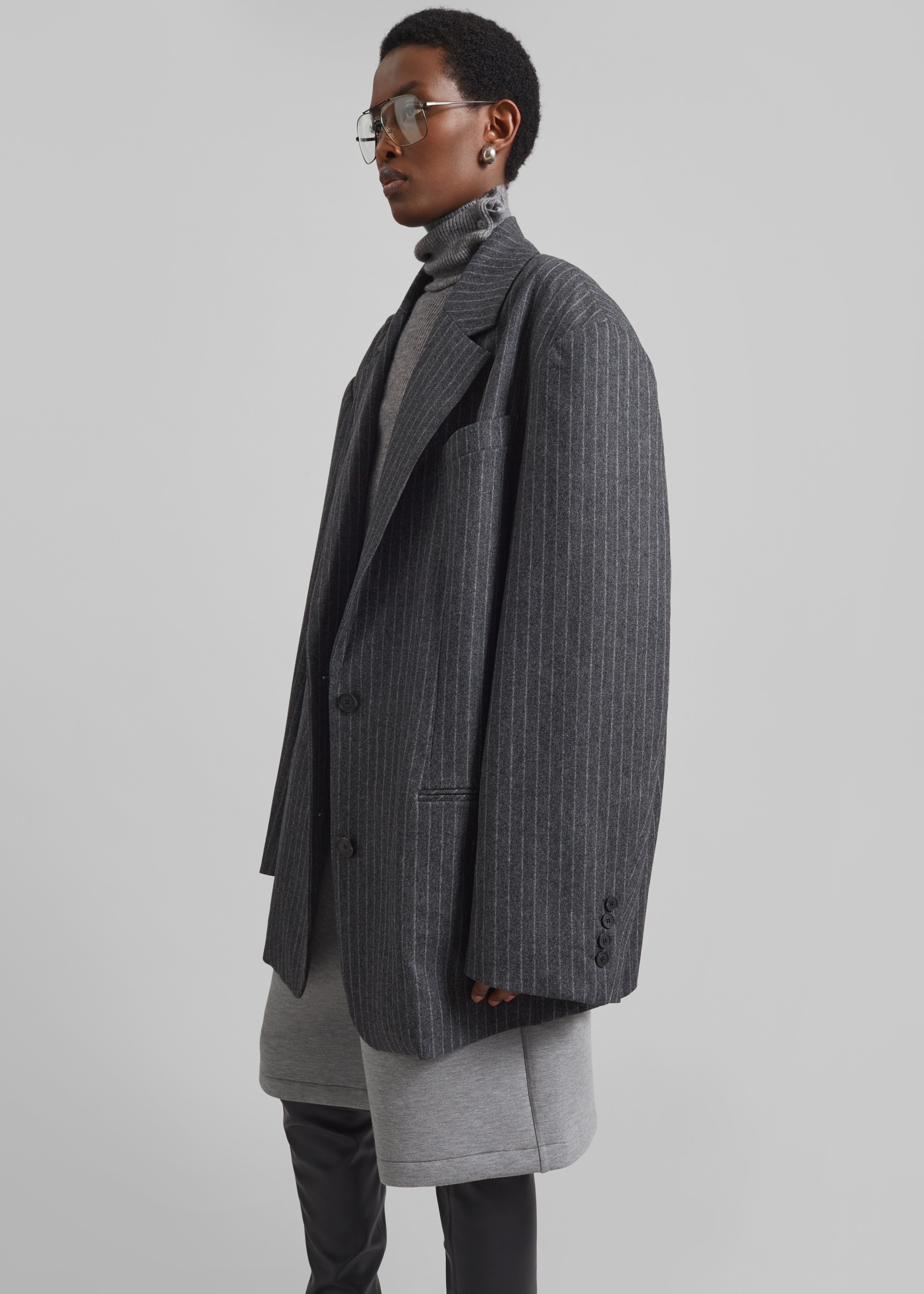 Stora Oversized Wool Blazer - Grey/White Pinstripe - 1