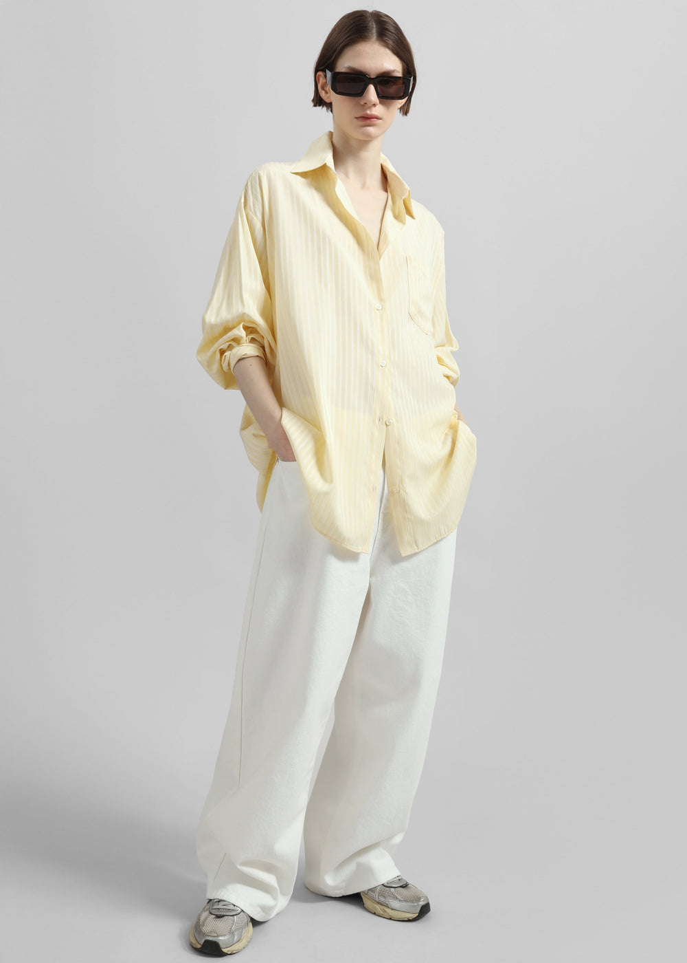 Sukma Striped Oversized Shirt - Pale Yellow - 1