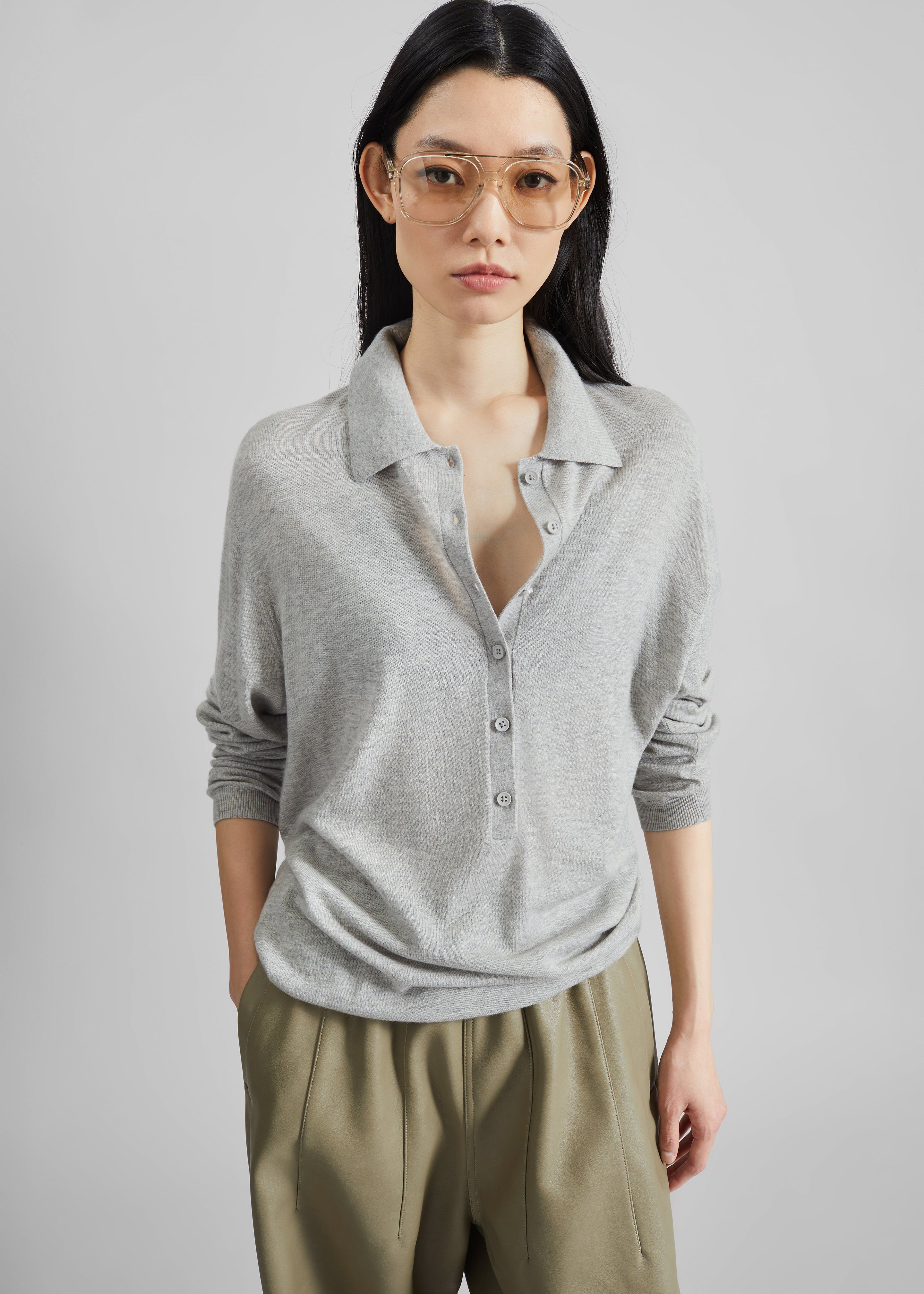 Tala Knit V-Neck Polo - Light Grey - 5