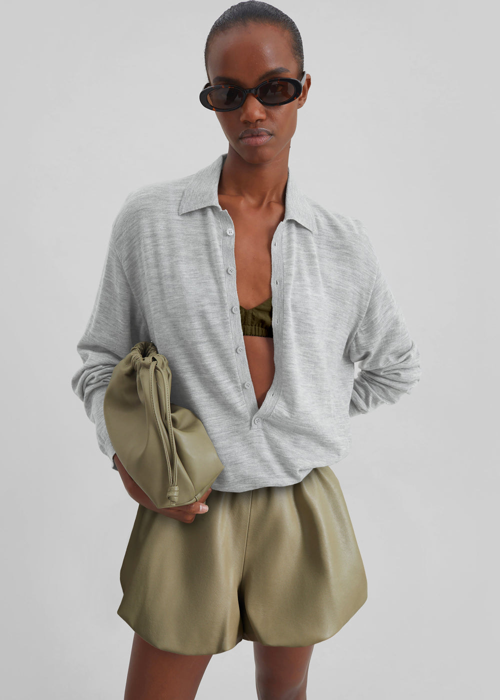 Tala Knit V-Neck Polo - Light Grey - 1