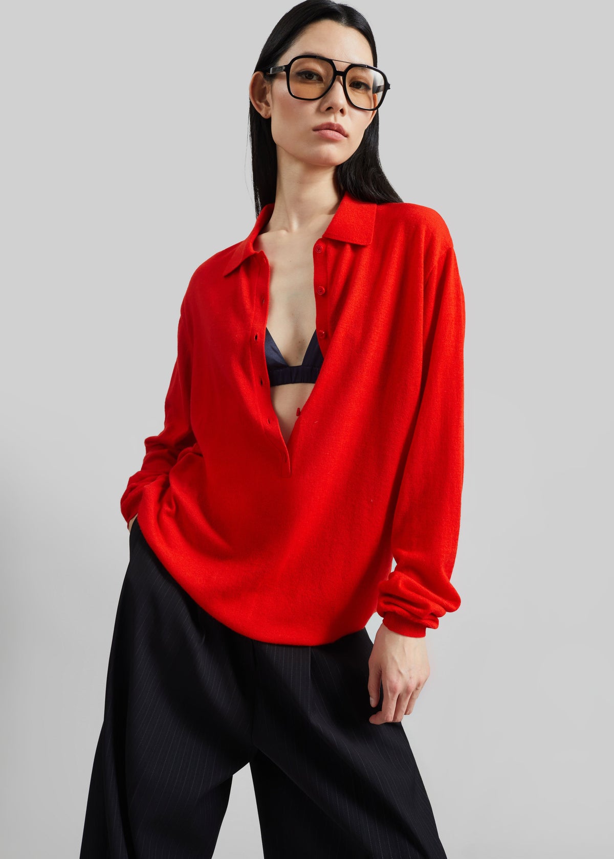 Tala Knit V-Neck Polo - Red - 1