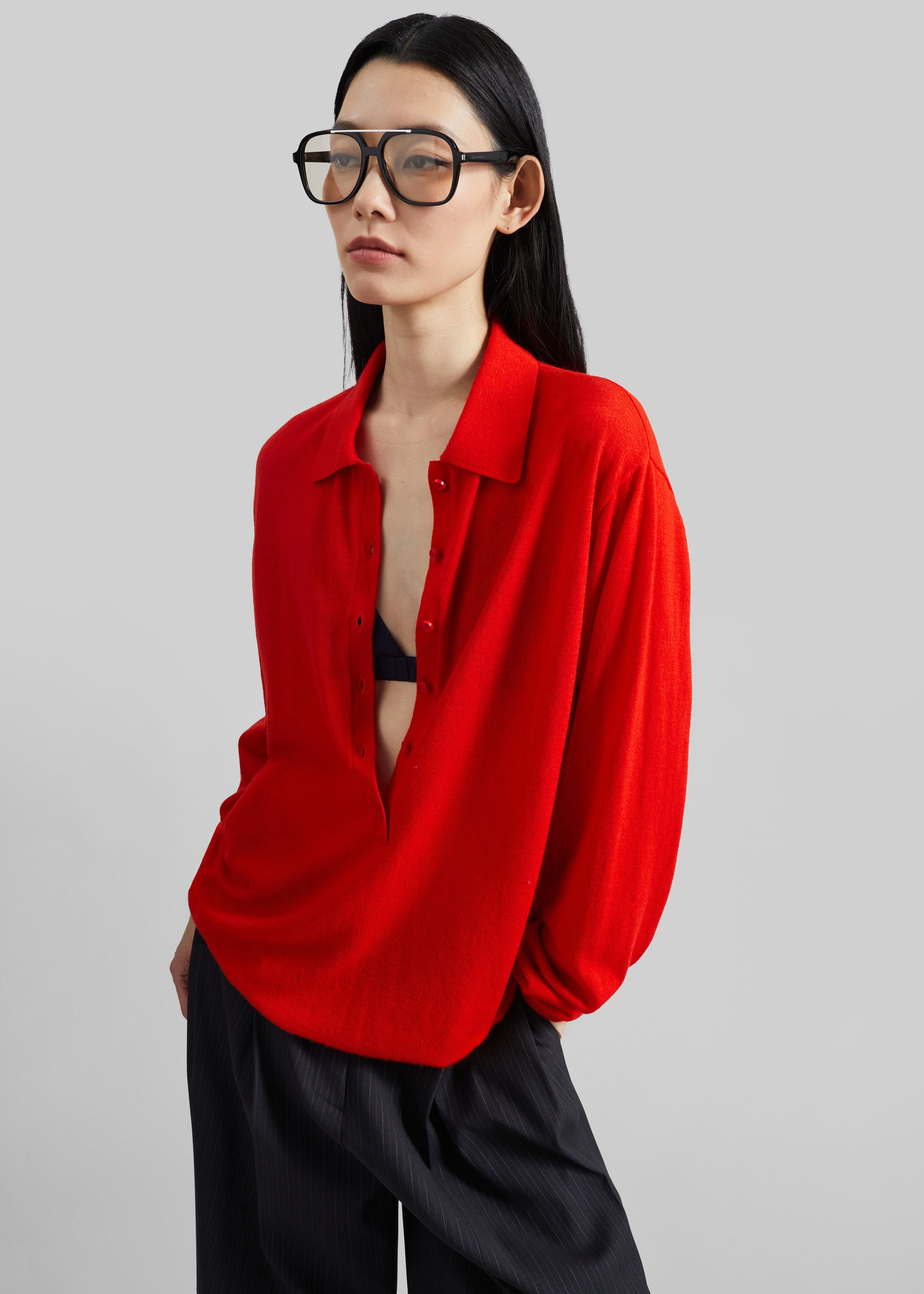 Tala Knit V-Neck Polo - Red - 5