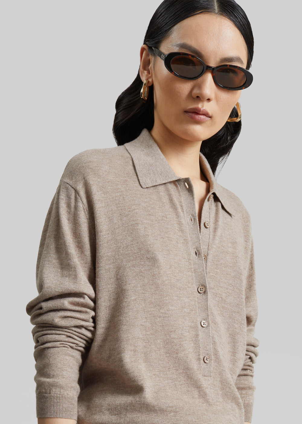 Polo Tala en maille à col V - Taupe chiné