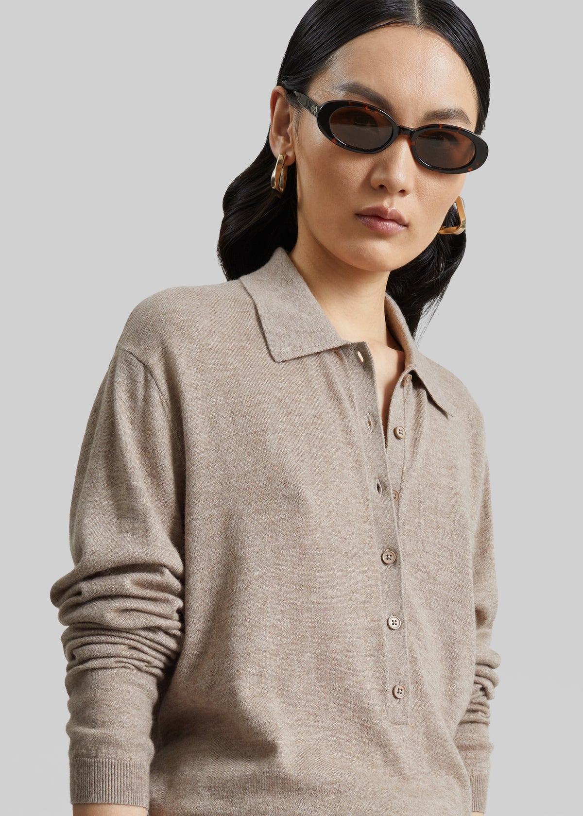 Polo Tala en maille à col V - Taupe chiné