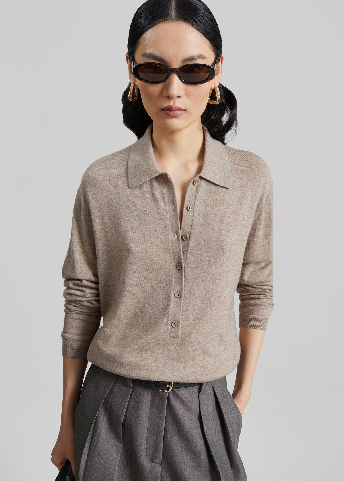 Polo Tala en maille à col V - Taupe chiné