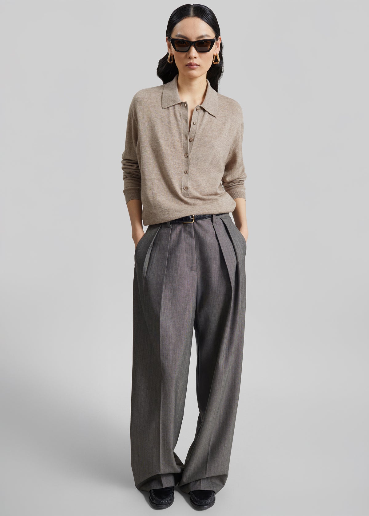 Polo Tala en maille à col V - Taupe chiné