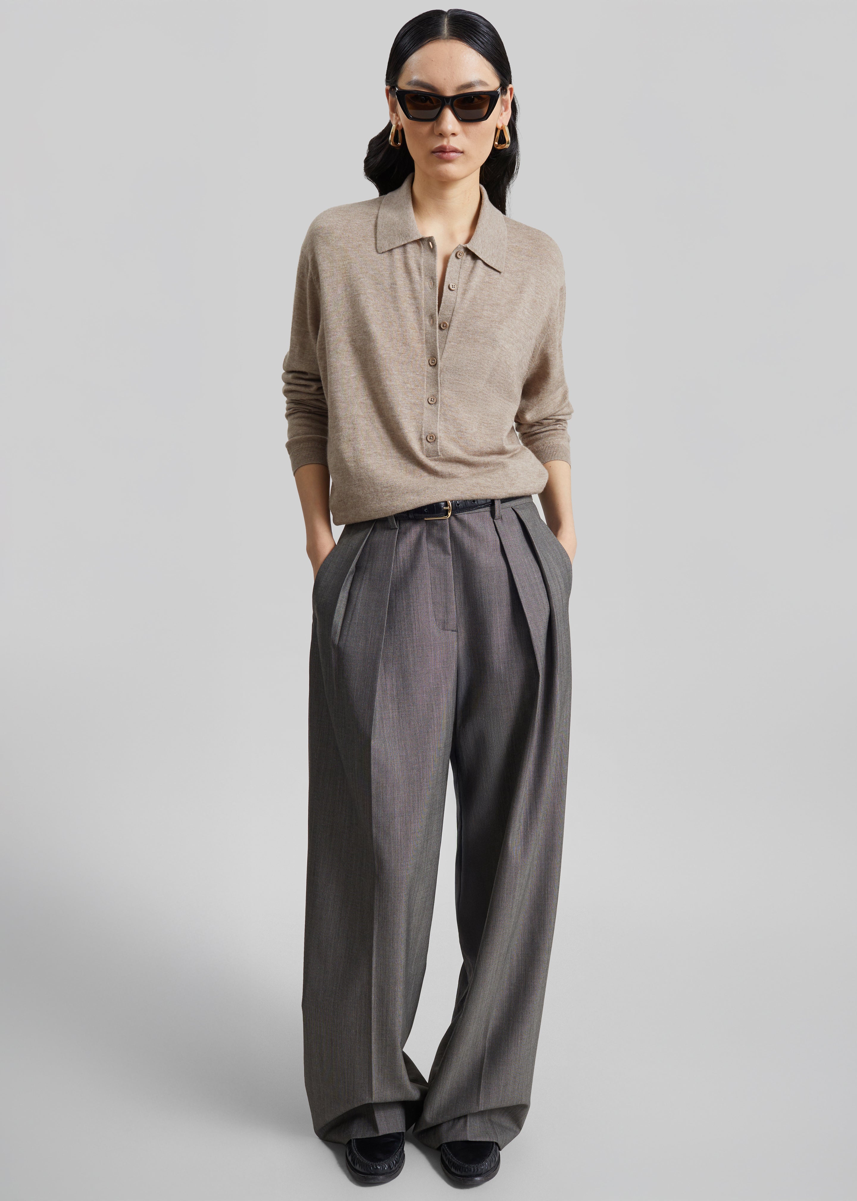 Polo Tala en maille à col V - Taupe chiné