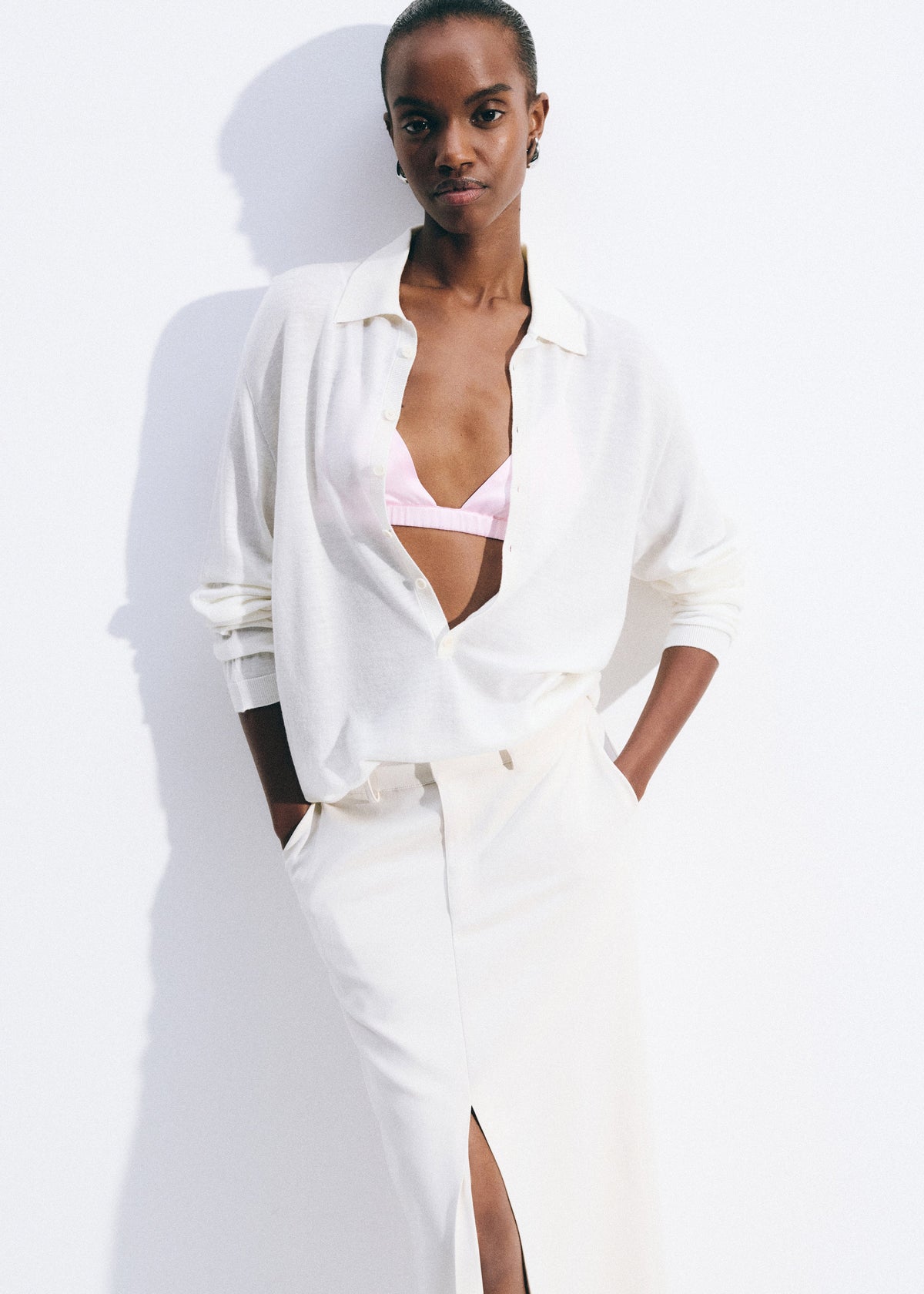 Tala Knit V-Neck Polo - White - 1