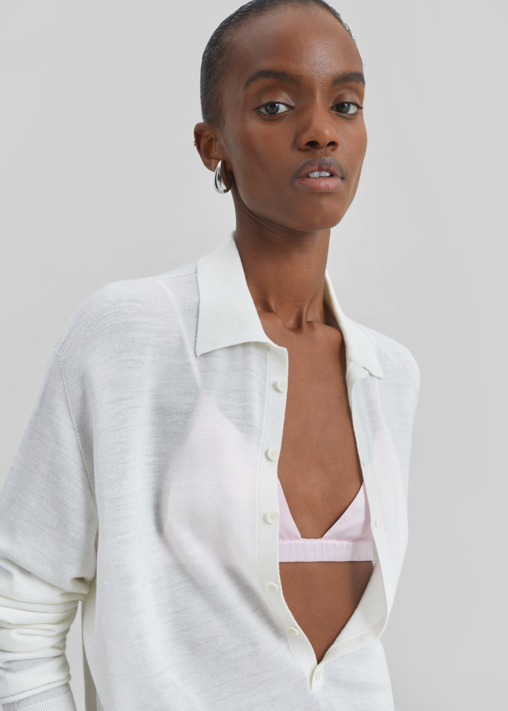 Tala Knit V-Neck Polo - White - 1