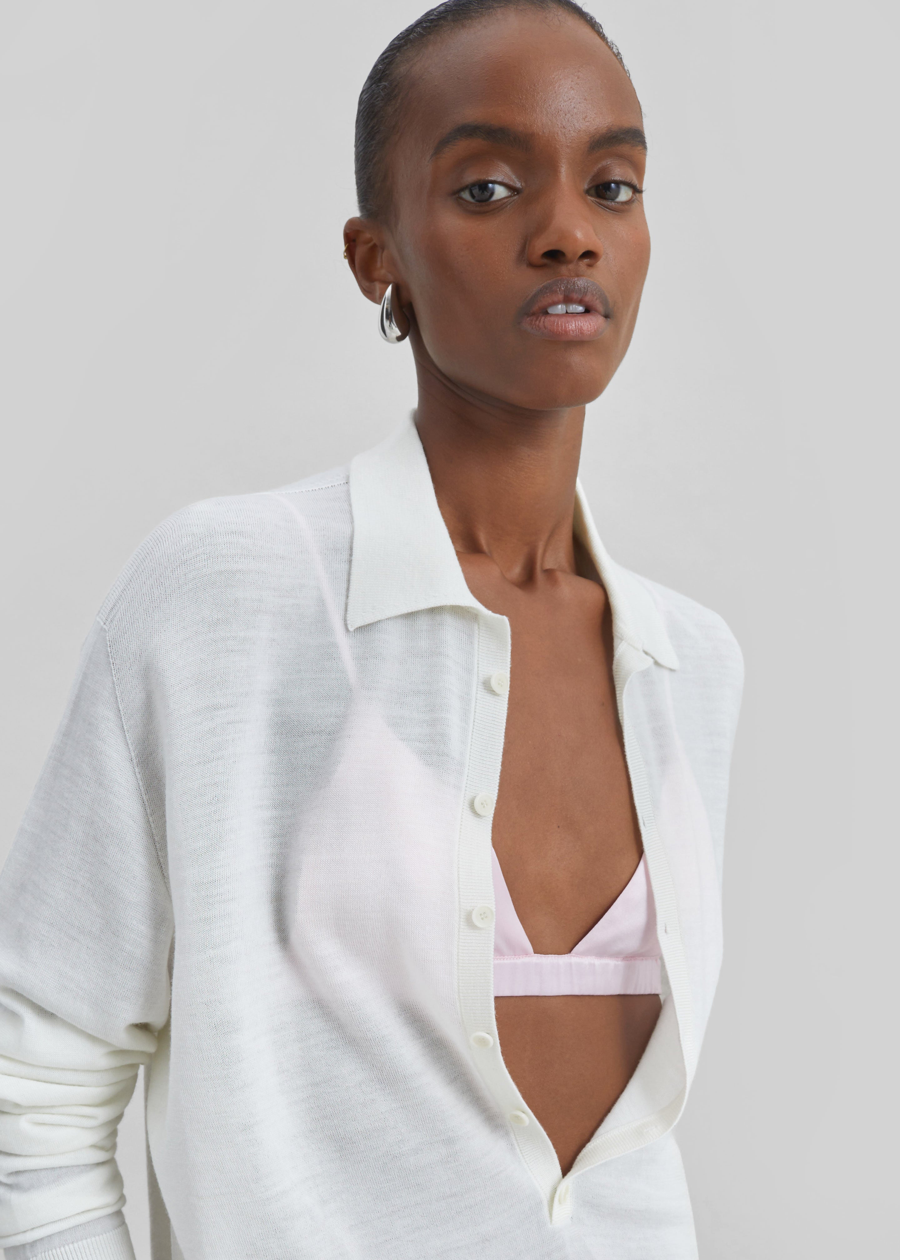 Tala Knit V-Neck Polo - White - 3