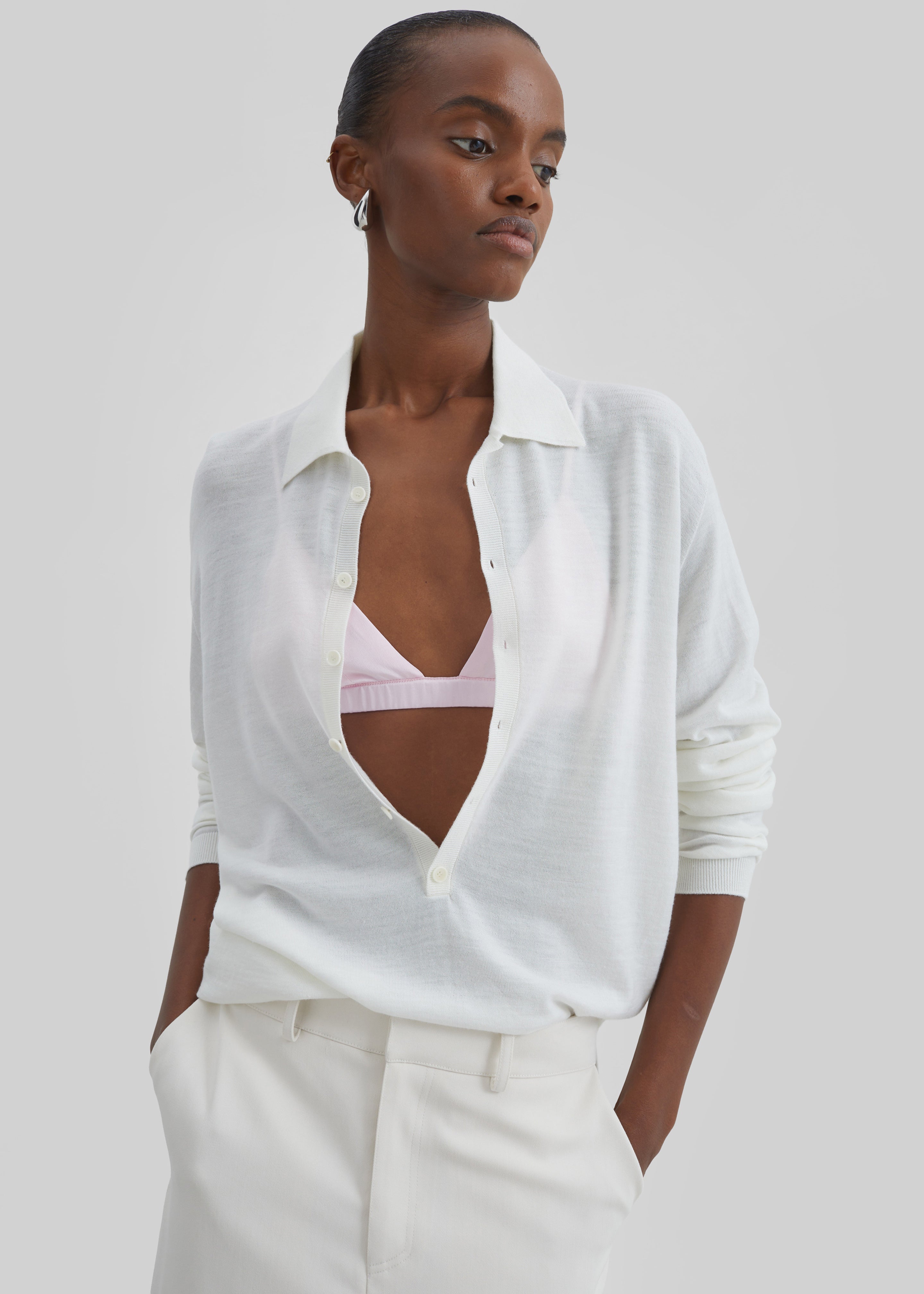 Tala Knit V-Neck Polo - White - 4