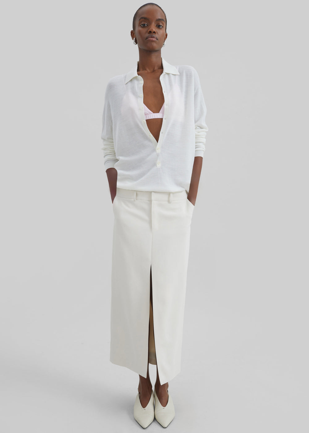 Tala Knit V-Neck Polo - White - 1