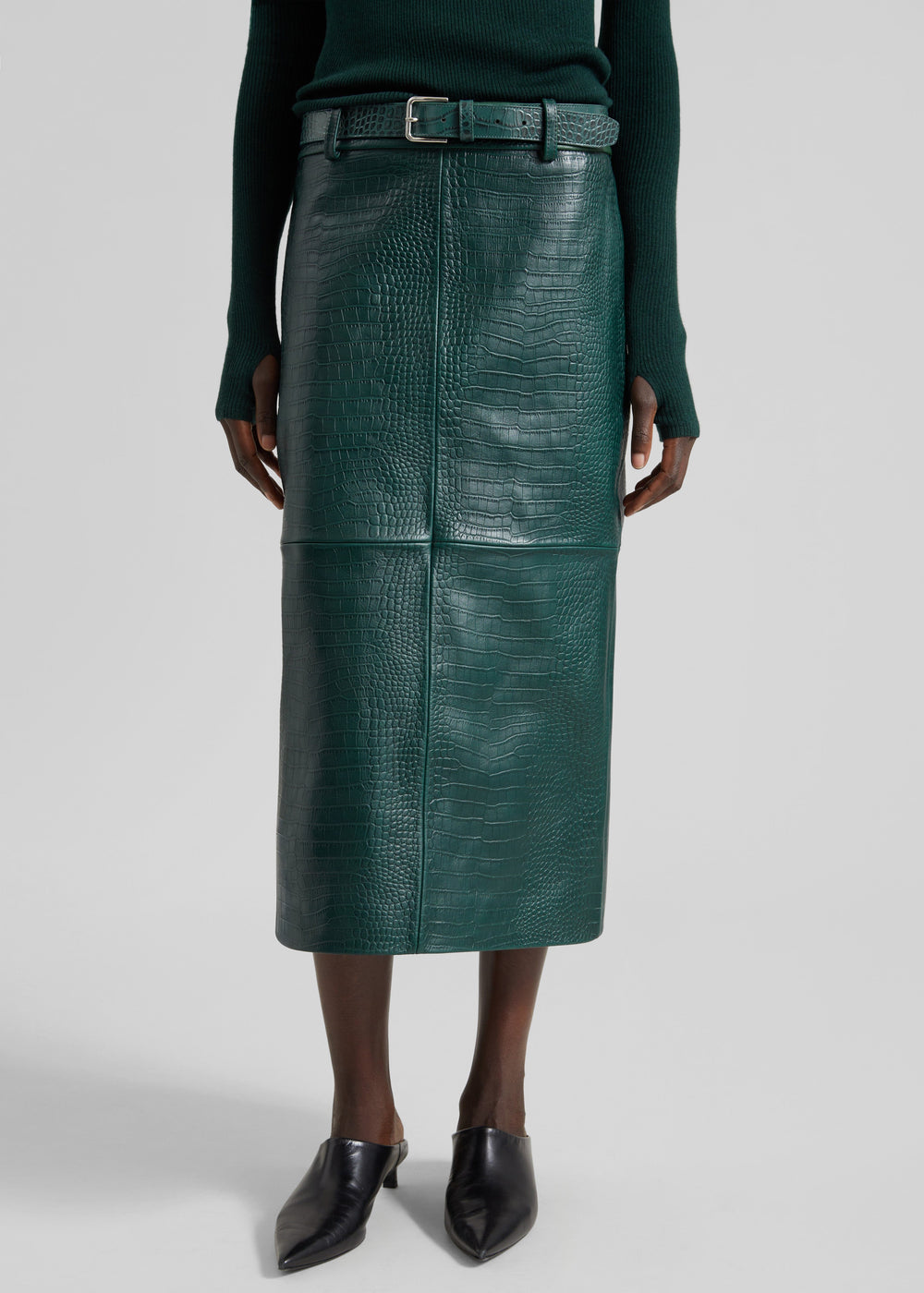 Taney Croc Leather Pencil Skirt - Bottle Green - 1