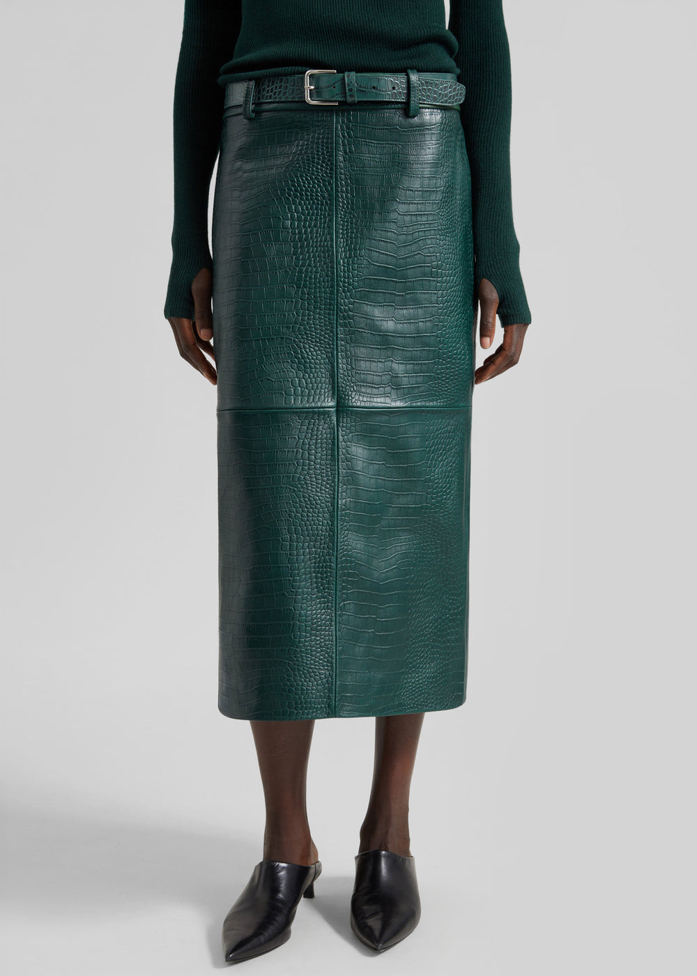 Jupe crayon Taney en cuir croco - Vert bouteille - 1
