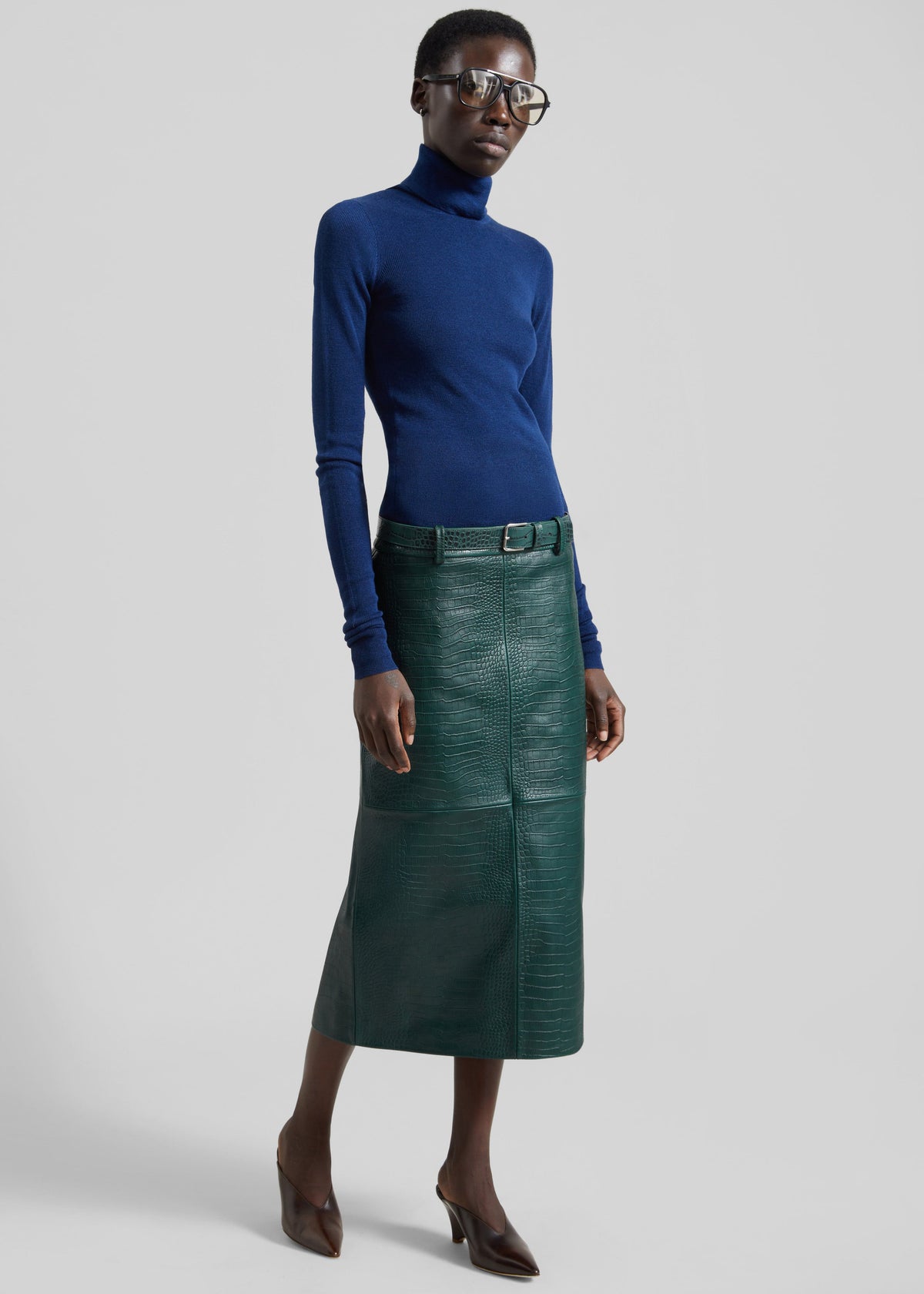 Taney Croc Leather Pencil Skirt - Bottle Green - 1