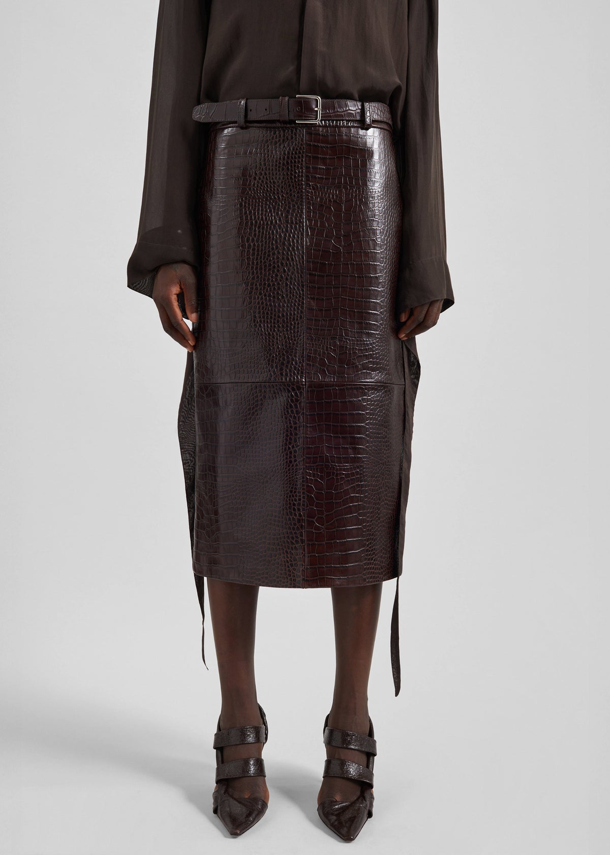 Taney Croc Leather Pencil Skirt - Dark Brown - 2
