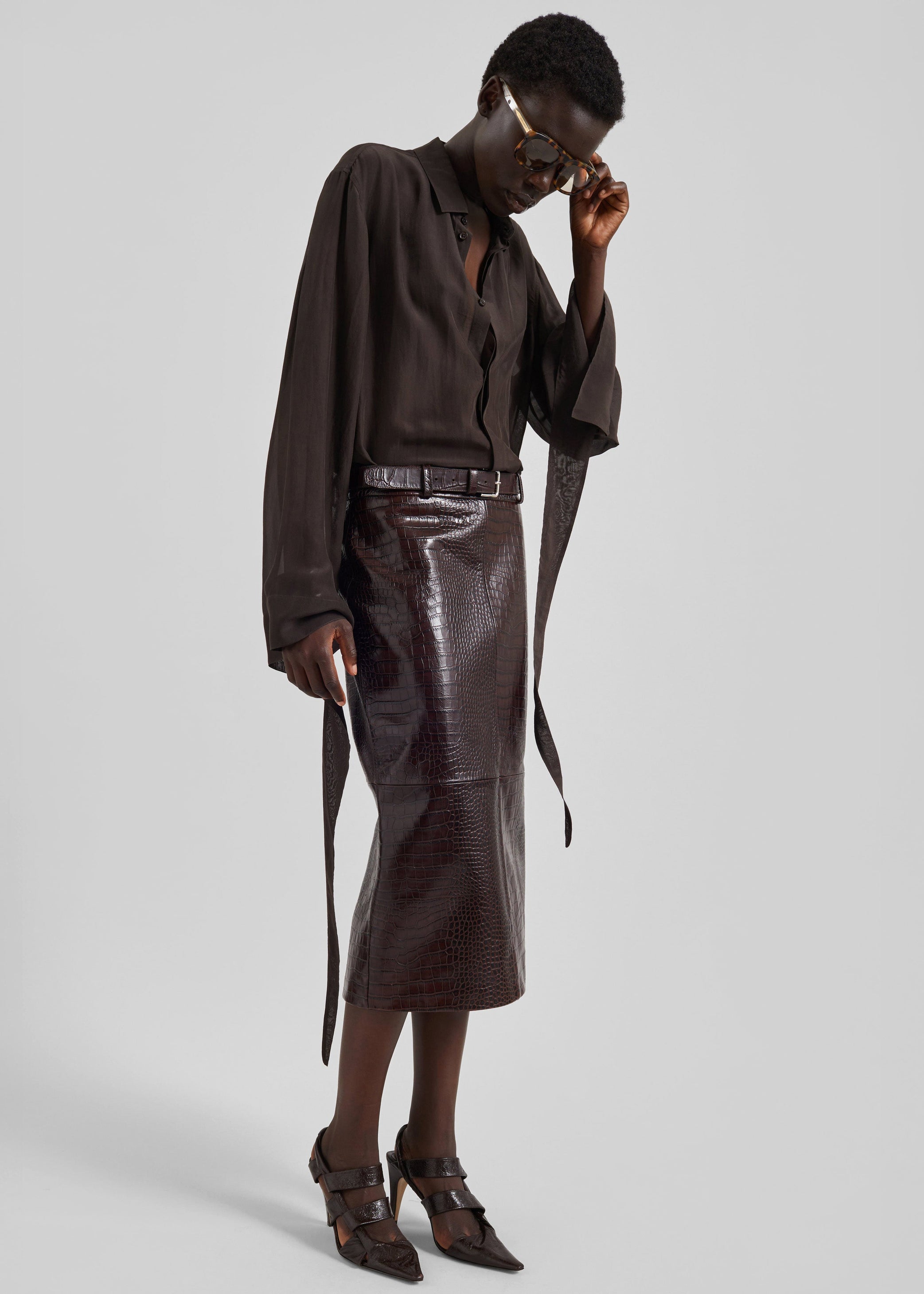 Shop the look image for Taney Croc Leather Pencil Skirt - Dark Brown