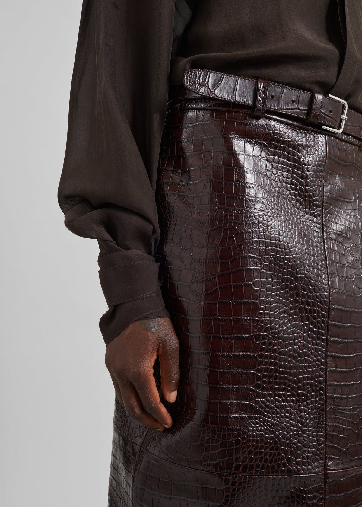 Taney Croc Leather Pencil Skirt - Dark Brown - 5