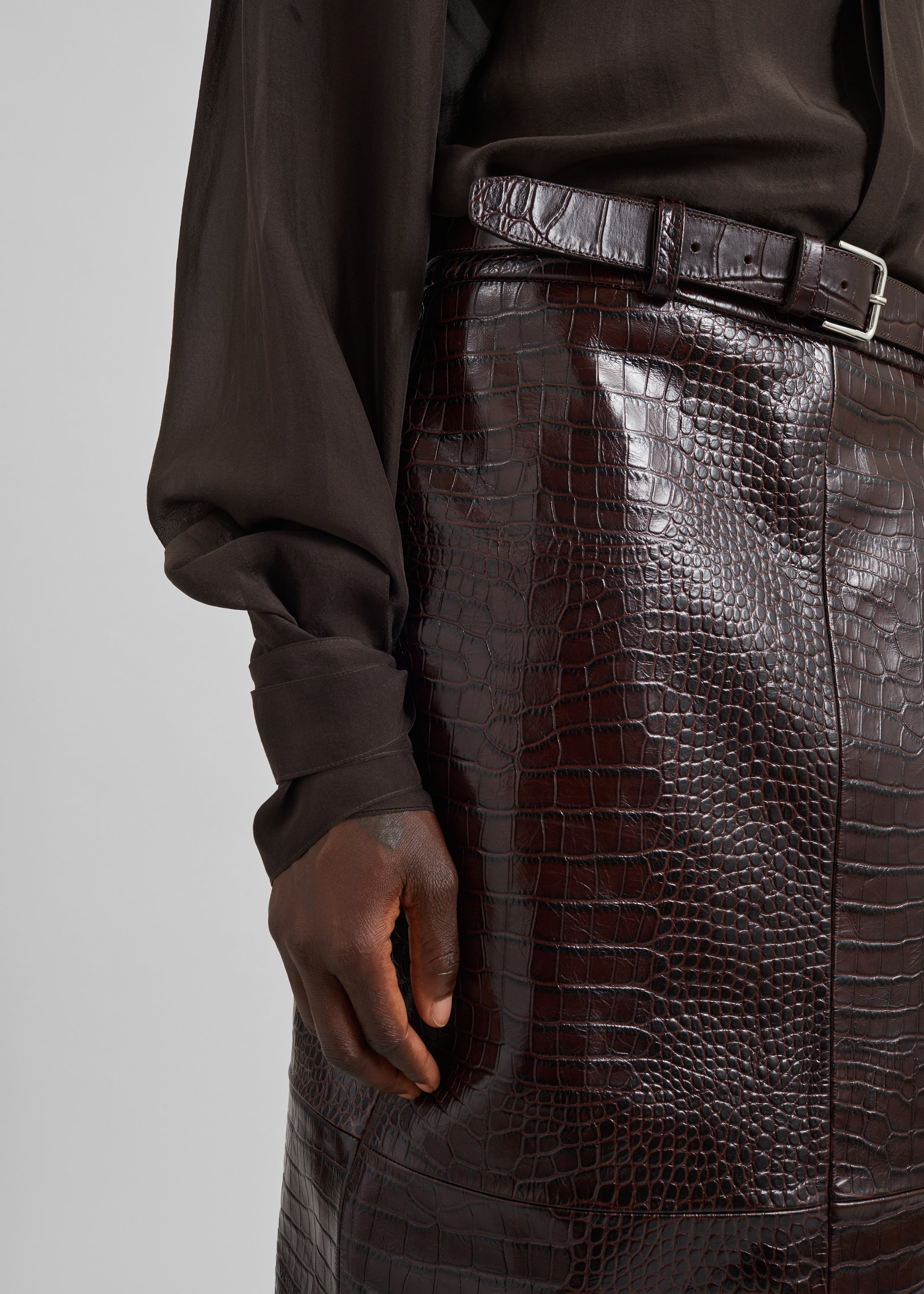 Taney Croc Leather Pencil Skirt - Dark Brown - 5