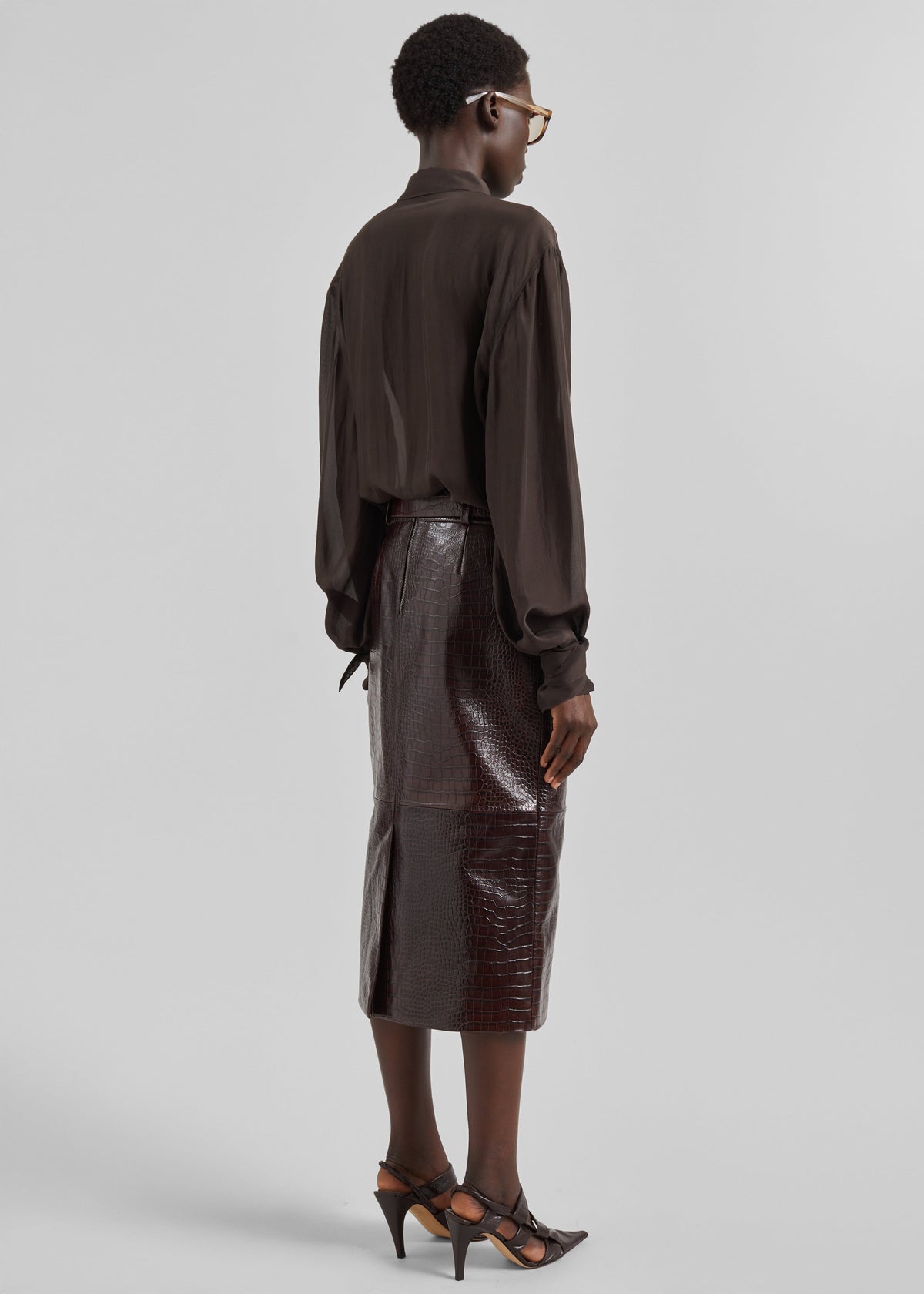 Taney Croc Leather Pencil Skirt - Dark Brown - 6