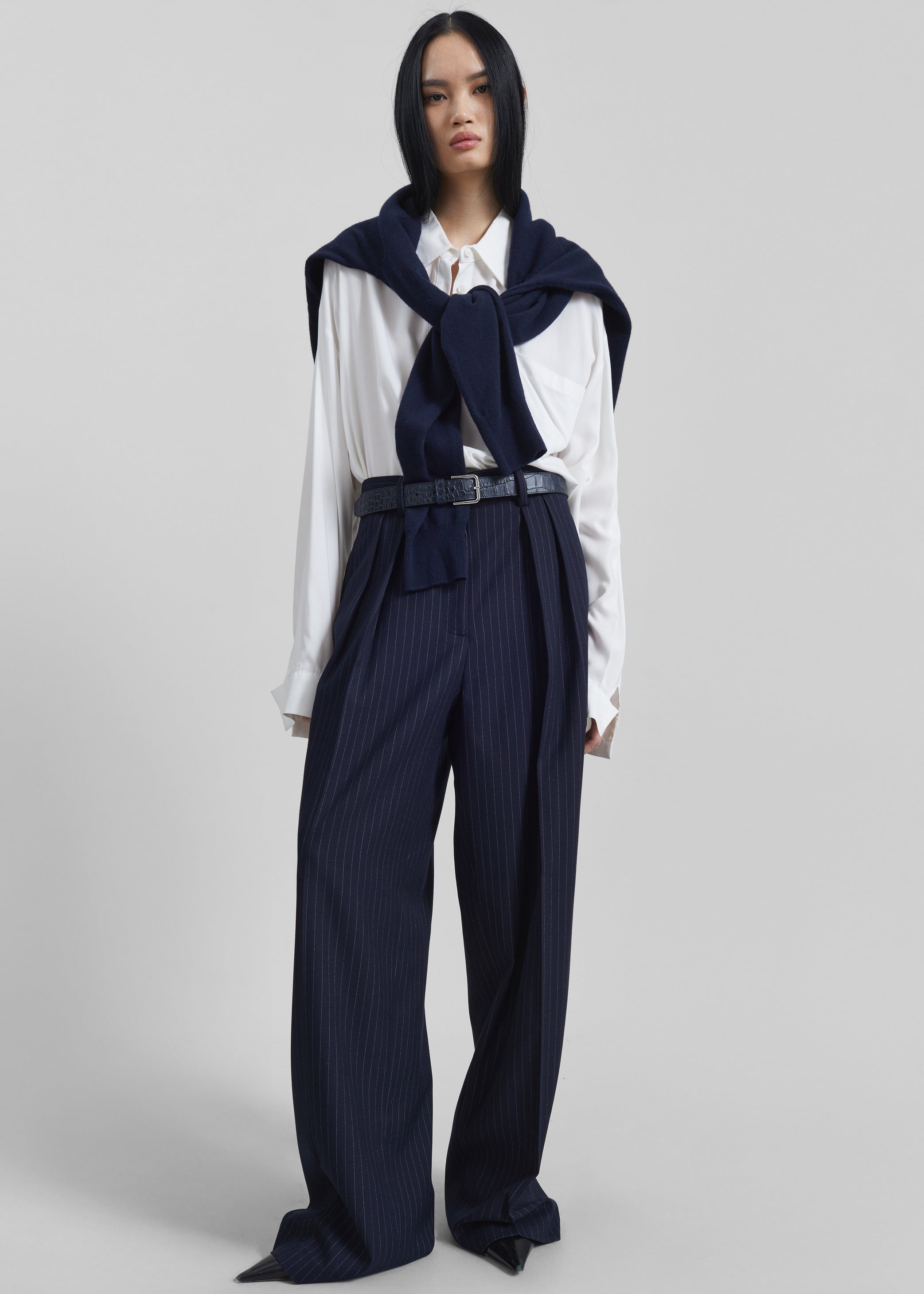 Shop the look image for Tansy Pleated Trousers - Navy Pinstripe