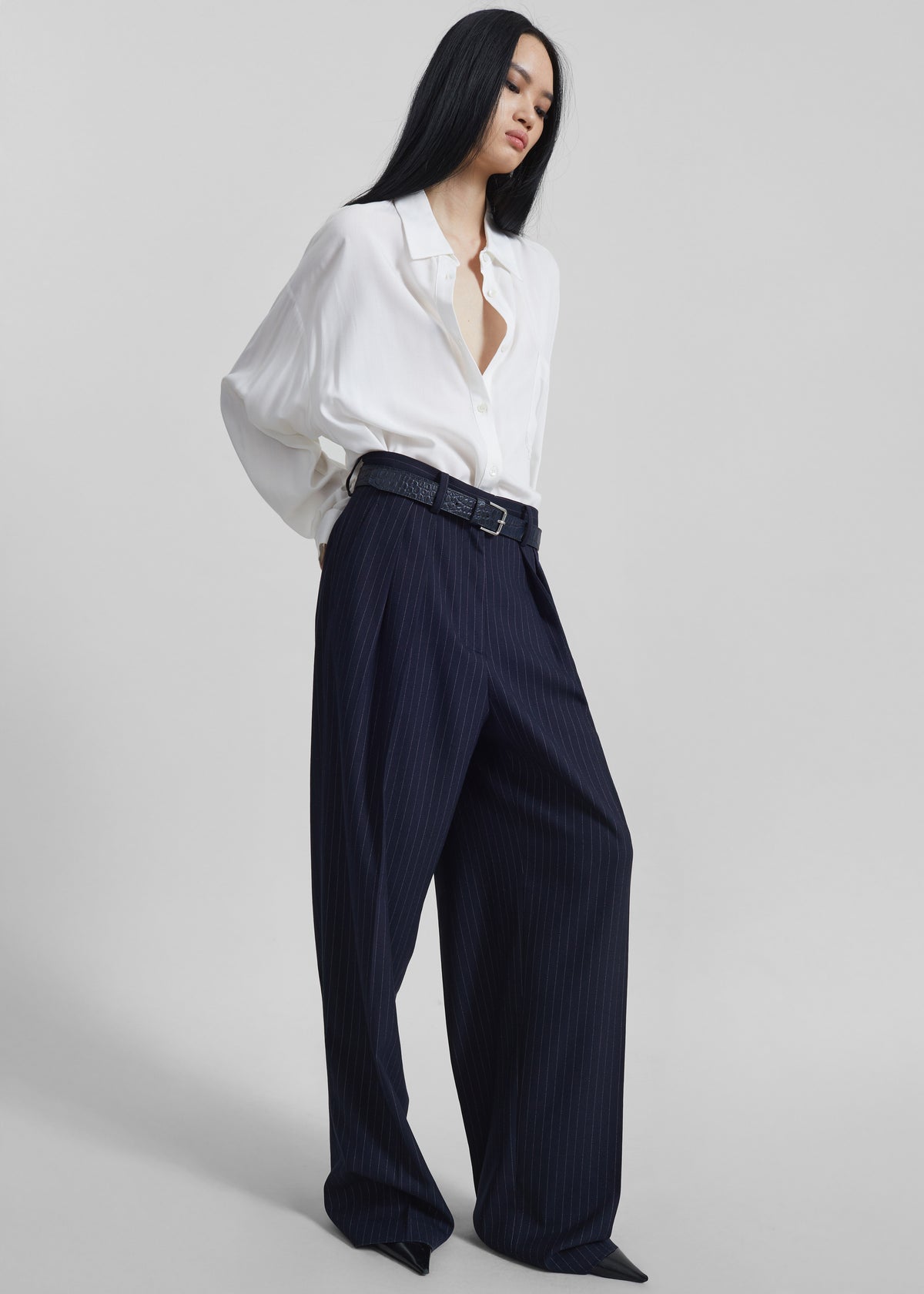 Tansy Pleated Trousers - Navy Pinstripe - 8